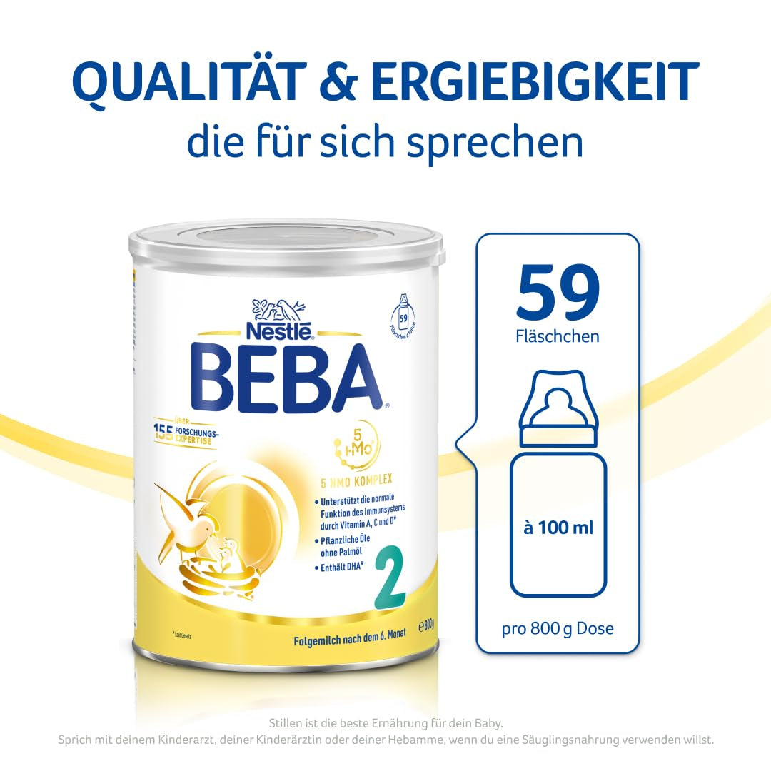 BEBA 2 - Latte di proseguimento dopo 6 mesi, con complesso 5 HMO, contenuto proteico adatto all'età, senza lattosio, senza olio di palma, senza olio di pesce, alimenti per l'infanzia, latte in polvere per bambini, confezione da 3 (3 x 800 g)