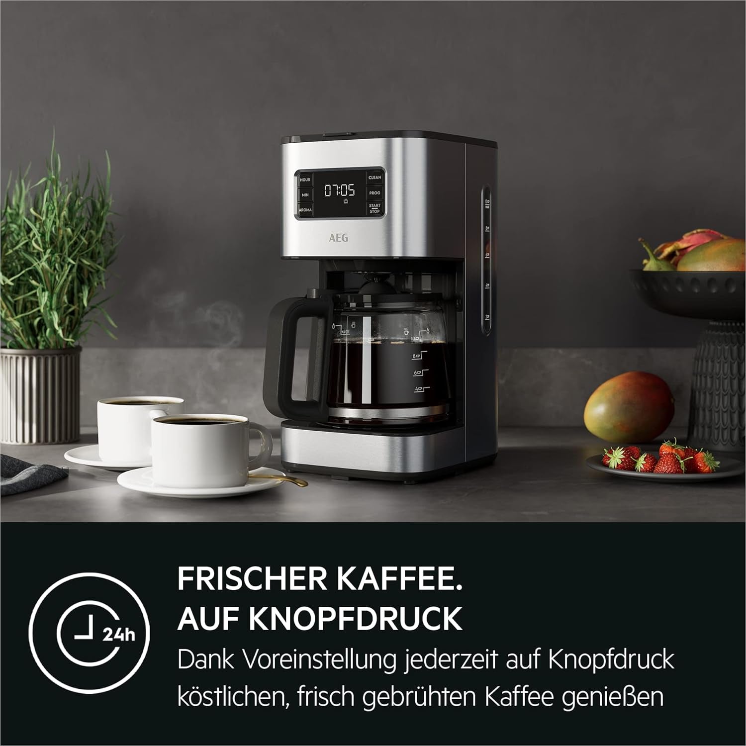 Macchina per caffè espresso AEG Deli 5, 1,5 l, timer programmabile, funzione di mantenimento in caldo, arresto di sicurezza, indicatore del livello dell'acqua, dosaggio ottimale, funzione antigoccia, acciaio inossidabile, CM5-1-6ST
