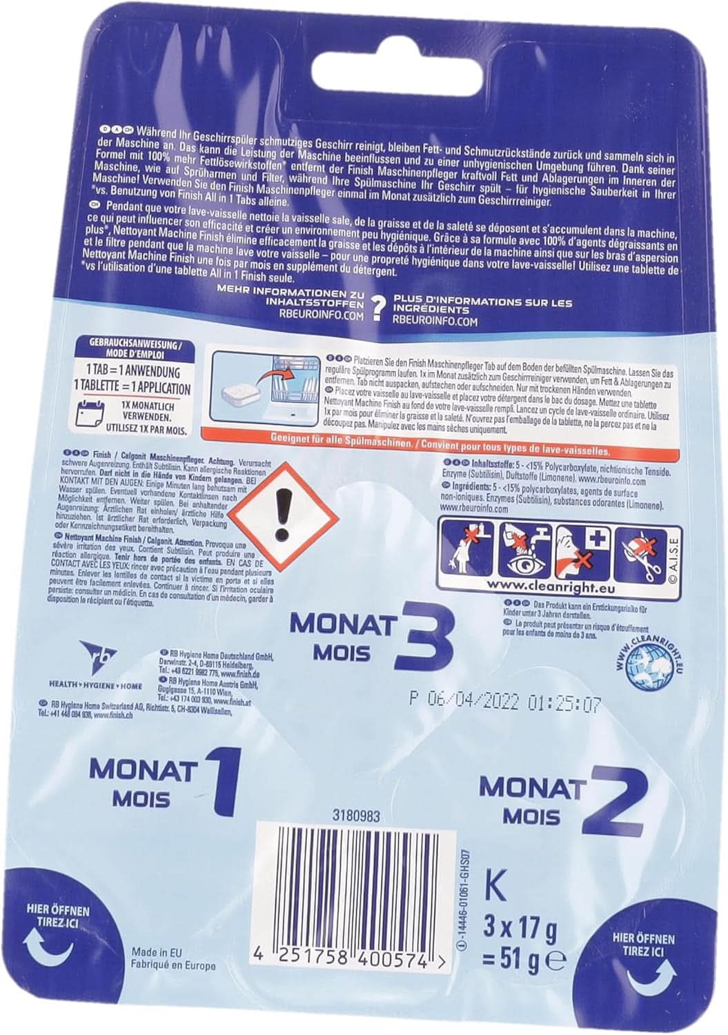 Finish Machine Cleaner Tabs - Pastiglie Lavastoviglie contro lo sporco e il grasso all'interno della lavastoviglie, 3 pastiglie Naty Shop