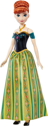 Mattel Disney Frozen Anna che canta bambola - Frammento di canzone di 30 secondi, classico vestito da castello, gonna morbida staccabile, capelli pettinabili, per bambini dai 3 anni in su, versione tedesca, HMG41