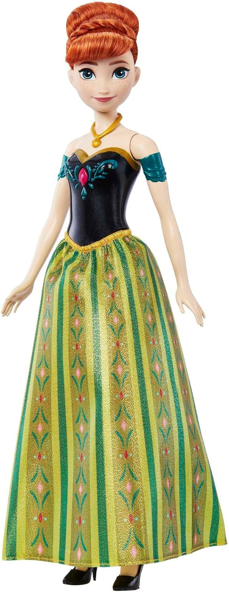 Mattel Disney Frozen Anna che canta bambola - Frammento di canzone di 30 secondi, classico vestito da castello, gonna morbida staccabile, capelli pettinabili, per bambini dai 3 anni in su, versione tedesca, HMG41