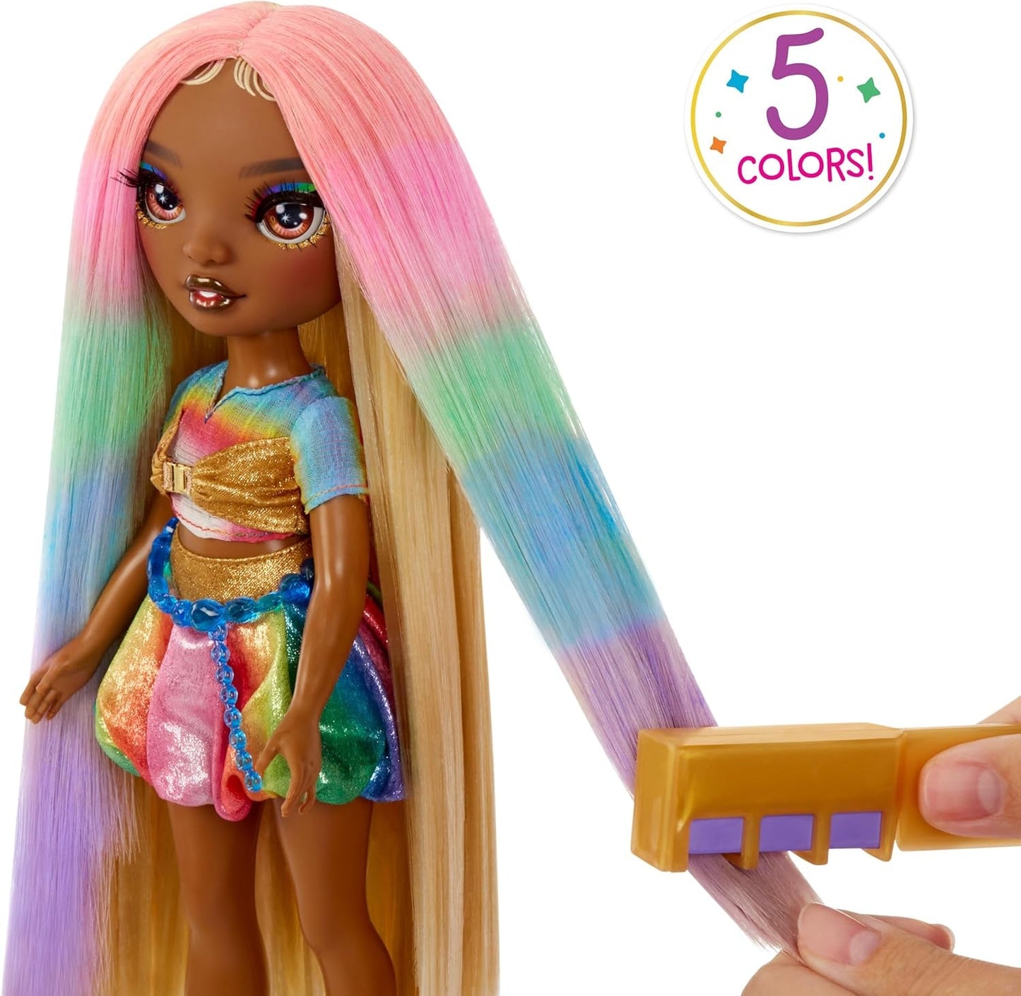 Bambola con gesso e styling per capelli alti arcobaleno - Meline - Bambola con gesso per capelli lavabile arcobaleno e oro da 28 cm, colora, acconcia, gioca, risciacqua e ripeti, per bambini dai 4 ai 12 anni