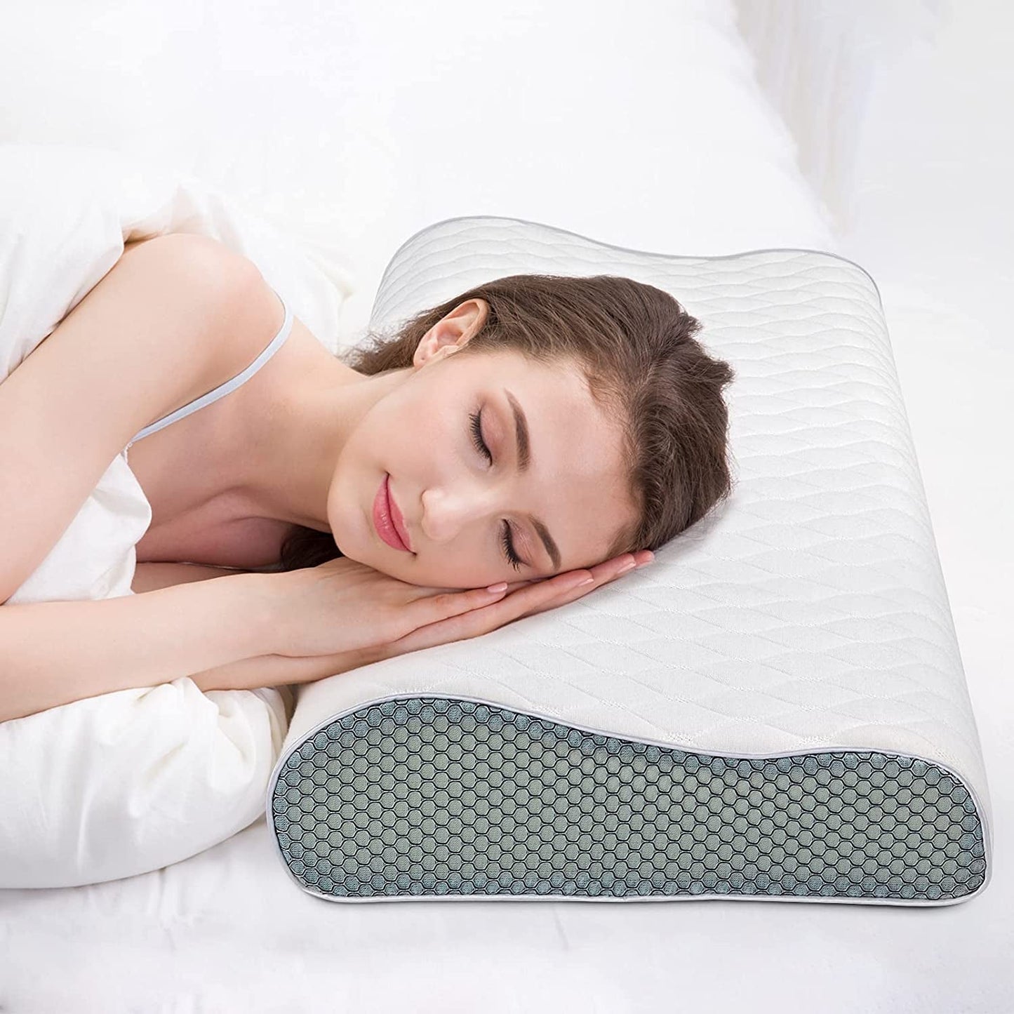 Fityou Cuscino Memory Foam, Cuscino Supporto Collo, Cuscino ergonomico per Dormire, Cuscino Rinfrescante, Design Doppia Faccia, Fodera per Cuscino Lavabile (67,5X40X13 Cm) Cuscini Ortopedici Cervicali Naty Shop Bianco + Rete 3D 60X35X9/11 Cm