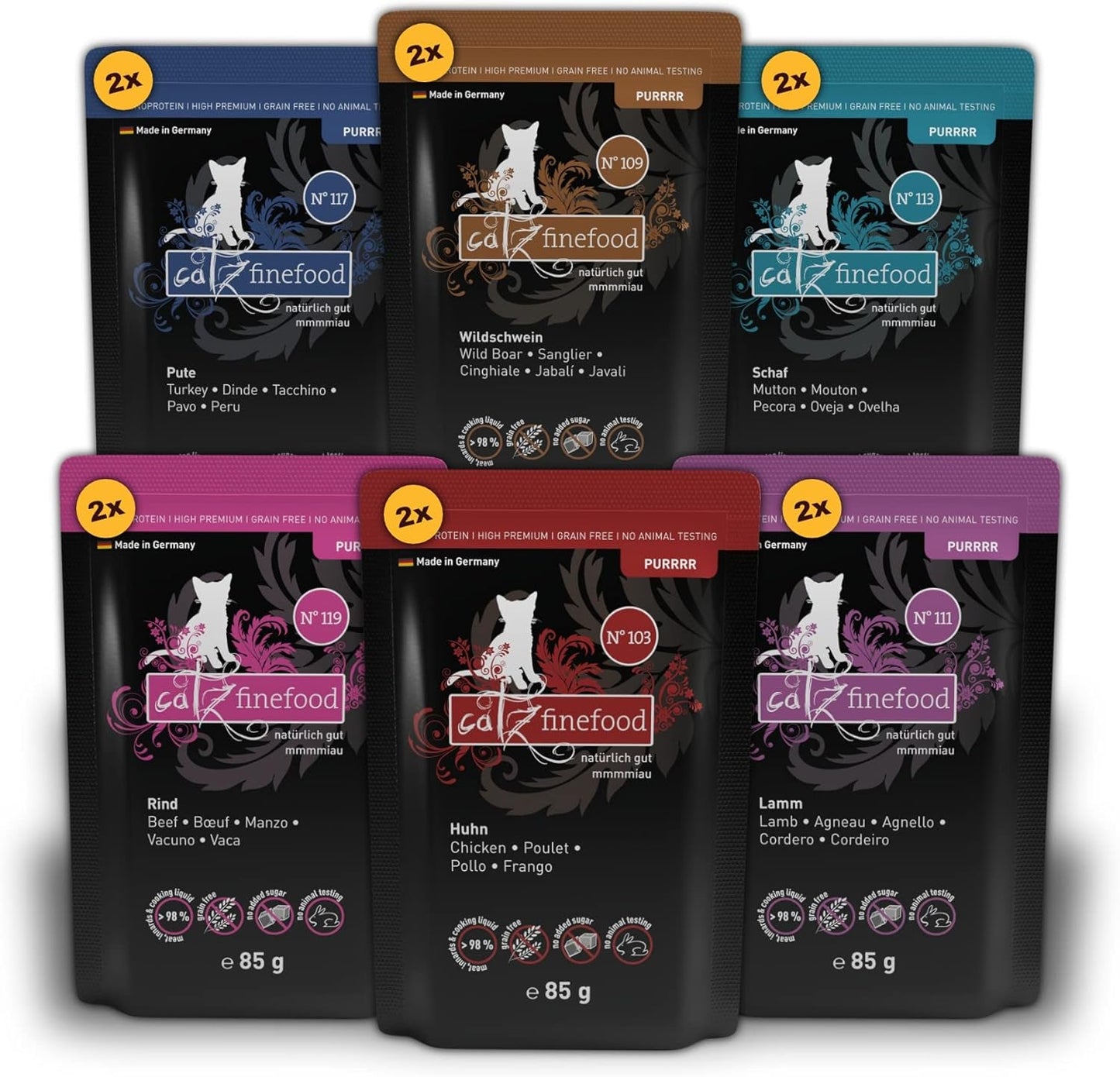 Catz Finefood Purrrr Collection I - Cibo umido per gatti monoproteico - Senza cereali, senza zucchero, ipoallergenico - Alto contenuto di carne - Confezione multipla di cibo umido per gatti - In bustine, 85 g (12 confezioni)