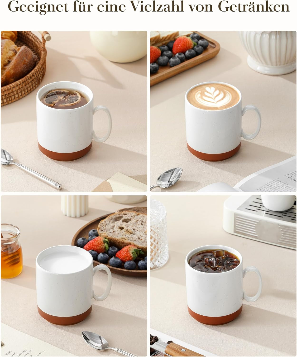 Set tazze da caffè MALACASA, set di tazze in gres da 350 ml per 4 persone, tazze da caffè moderne per tè, succo di frutta, latte, cappuccino, cioccolata calda. Lavabile in lavastoviglie e adatta al microonde, serie TARA, bianco kaki
