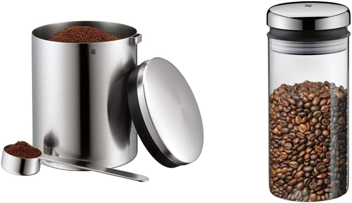 WMF Cucchiaino da caffè Kult Cromargan in acciaio inox finitura opaca 500 g e barattolo di vetro da 1 litro, lavabile in lavastoviglie Scatole per alimenti Naty Shop Storage Box Pack