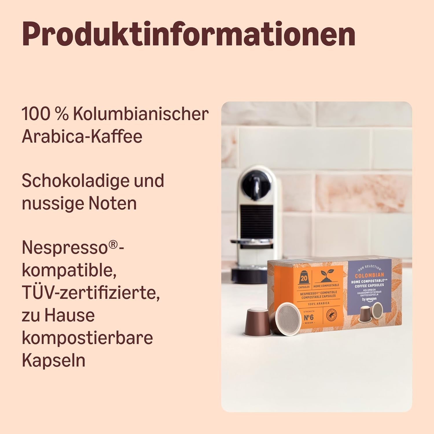 Di Amazon Heimkompostierbare Kaffeekapseln, compatibile con Nespresso, 100% kolumbianischer Arabica, 20 Stück – Rainforest Alliance-zertifiziert