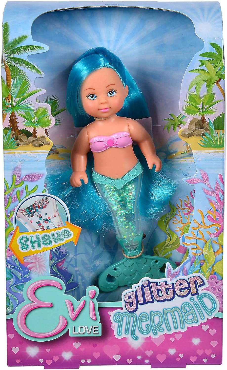 Simba 105733482 - Evi Love Glitter Sirena, bambola sirena con una pinna caudale che si illumina quando viene agitata. Viene fornito UN solo articolo.