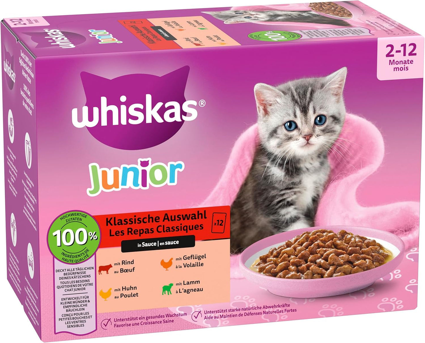 Whiskas Junior Classic Selection Cibo umido per gatti in salsa, 48 bustine, 12 x 85 g (confezione da 4) - Cibo umido di alta qualità per gatti in crescita, da 2 a 12 mesi