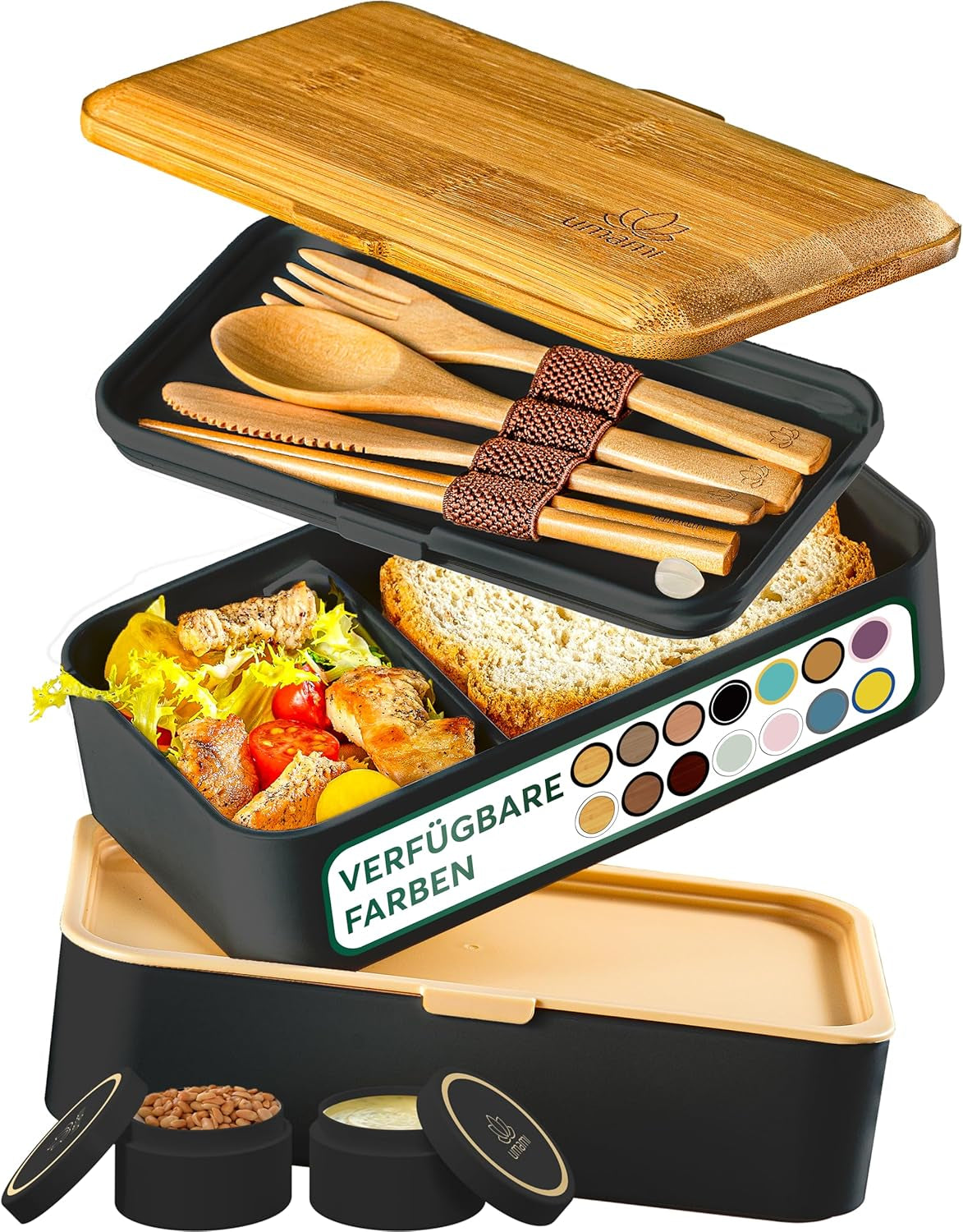 Portapranzo Umami per Adulti, Bento Box impilabile con 4 posate e scomparti, Portapranzo per adulti, Contenitore per insalata da asporto, Portapranzo da picnic/ufficio, Grigio antracite, 1500 ml Naty Shop Scatole per alimenti Nero Tan L - 1200 ml