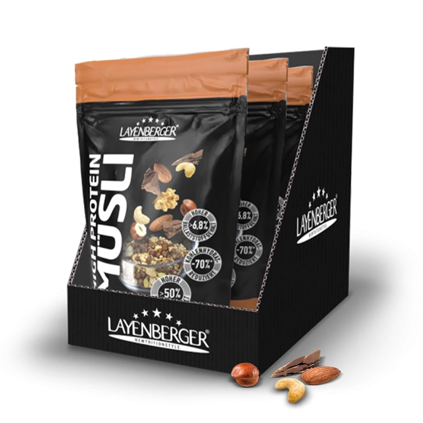 Layenberger Muesli ad alto contenuto proteico 3K, 50% Eiweiß e 18% Kohlenidrato - Confezione singola (1X 390 G) - Schoko-Nuss Cereale Naty Shop 1.17 Kg (1 confezione) Schoko-Nuss