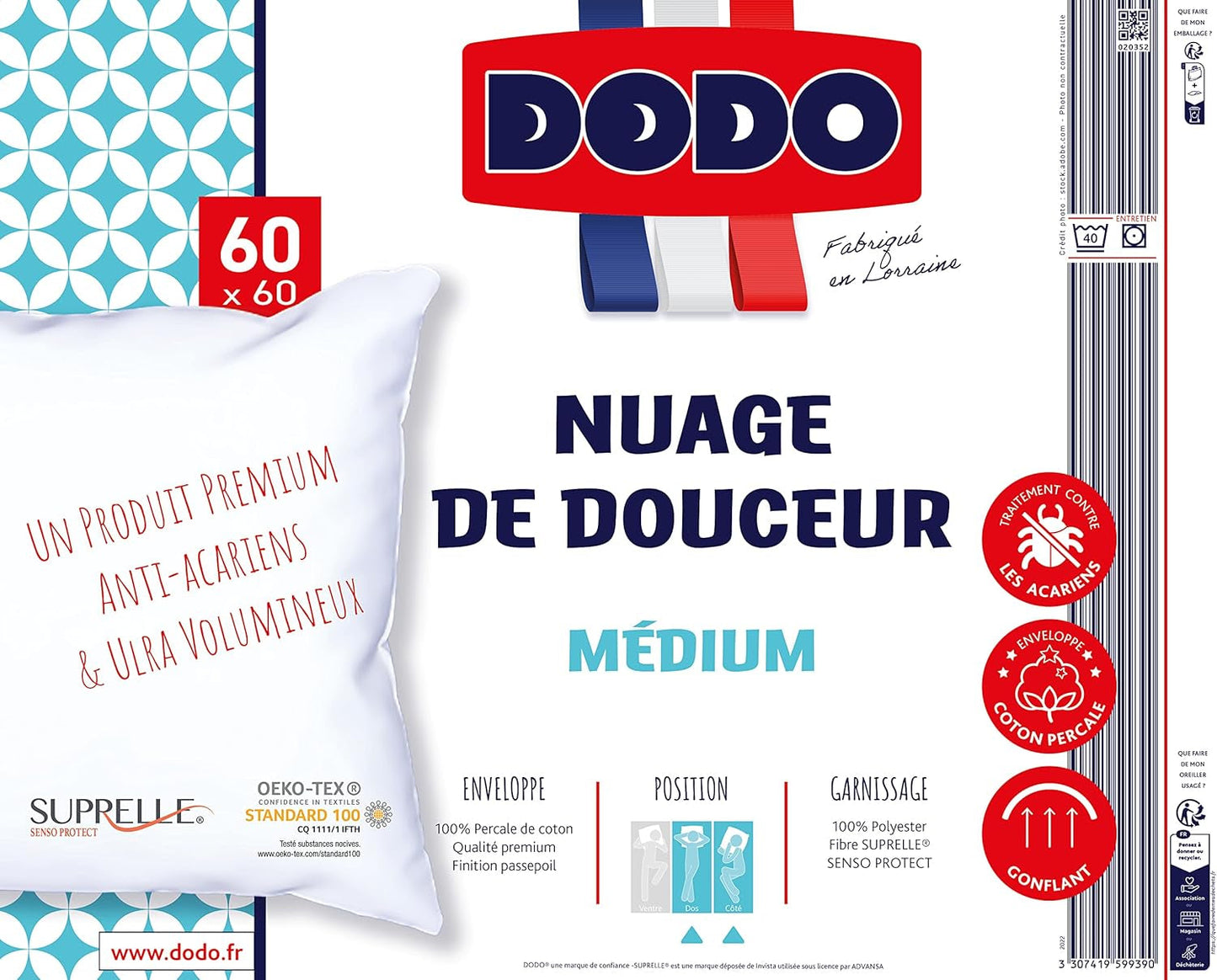 Cuscino DODO Premium, 60 X 60 Cm, Comfort Medio, Cuscino Cloud De Douceur | Antiacaro e soffice | Cotone Percalle + Piping Lavabile in lavatrice a 40°C Cuscini standard Naty Shop