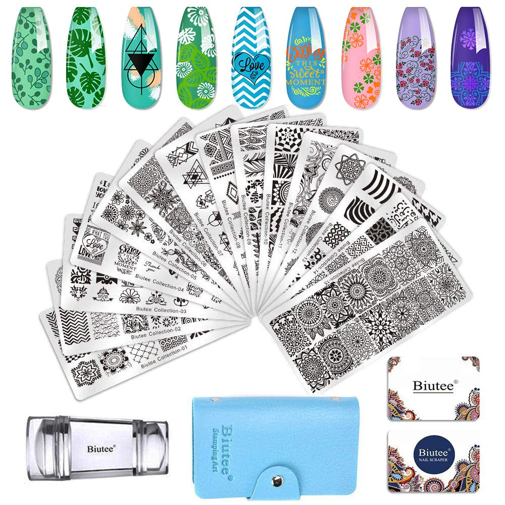 Biutee Nail Stamper 30 Pezzi Set Timbri Unghie Template Unghie Stampi Unghie Animali Fiori Immagini Piastra per timbri unghie con 2 timbri 2 raschietti Accessori per design unghie Timbro per unghie French