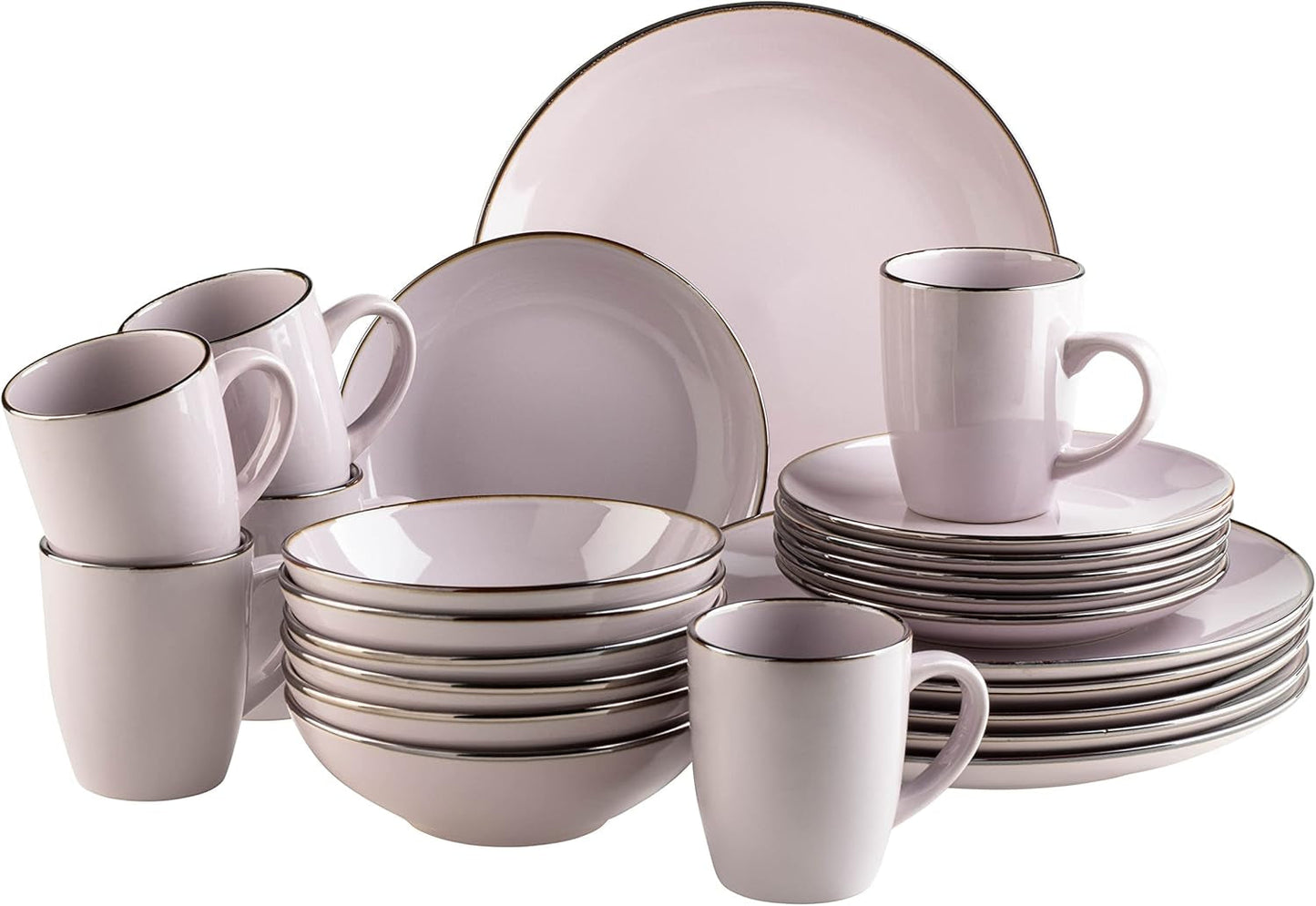 Set di stoviglie moderno per 6 persone con bordo in ottone, servizio combinato a forma di tazza senza bordo da 24 pezzi, lavanda