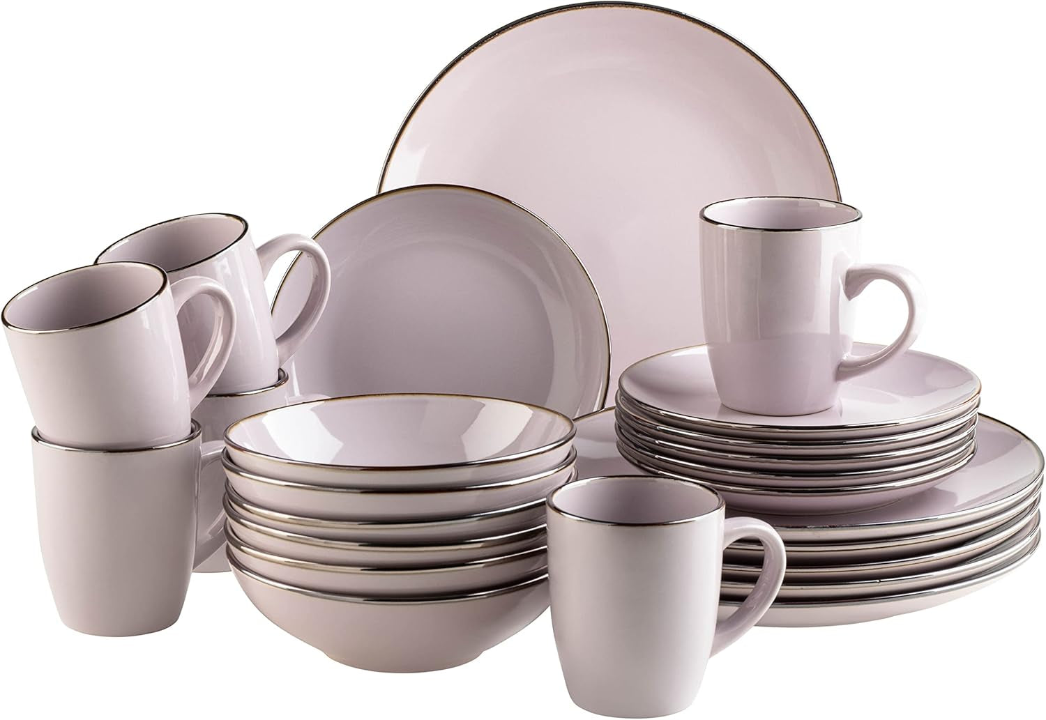 Set di stoviglie moderno per 6 persone con bordo in ottone, servizio combinato a forma di tazza senza bordo da 24 pezzi, lavanda