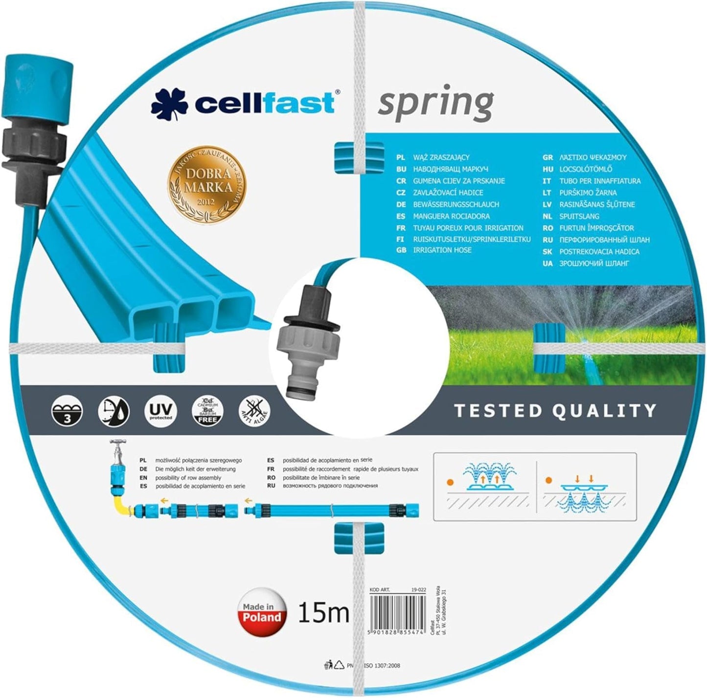 Tubo per irrigazione Cellfast SPRING, Tubo per irrigazione a tre canali con connettori completi, Realizzato in filo di alta qualità, Resistente ai raggi UV, 15 m, 1/2 pollice, 19-022, Multicolore, 38x38x8 cm