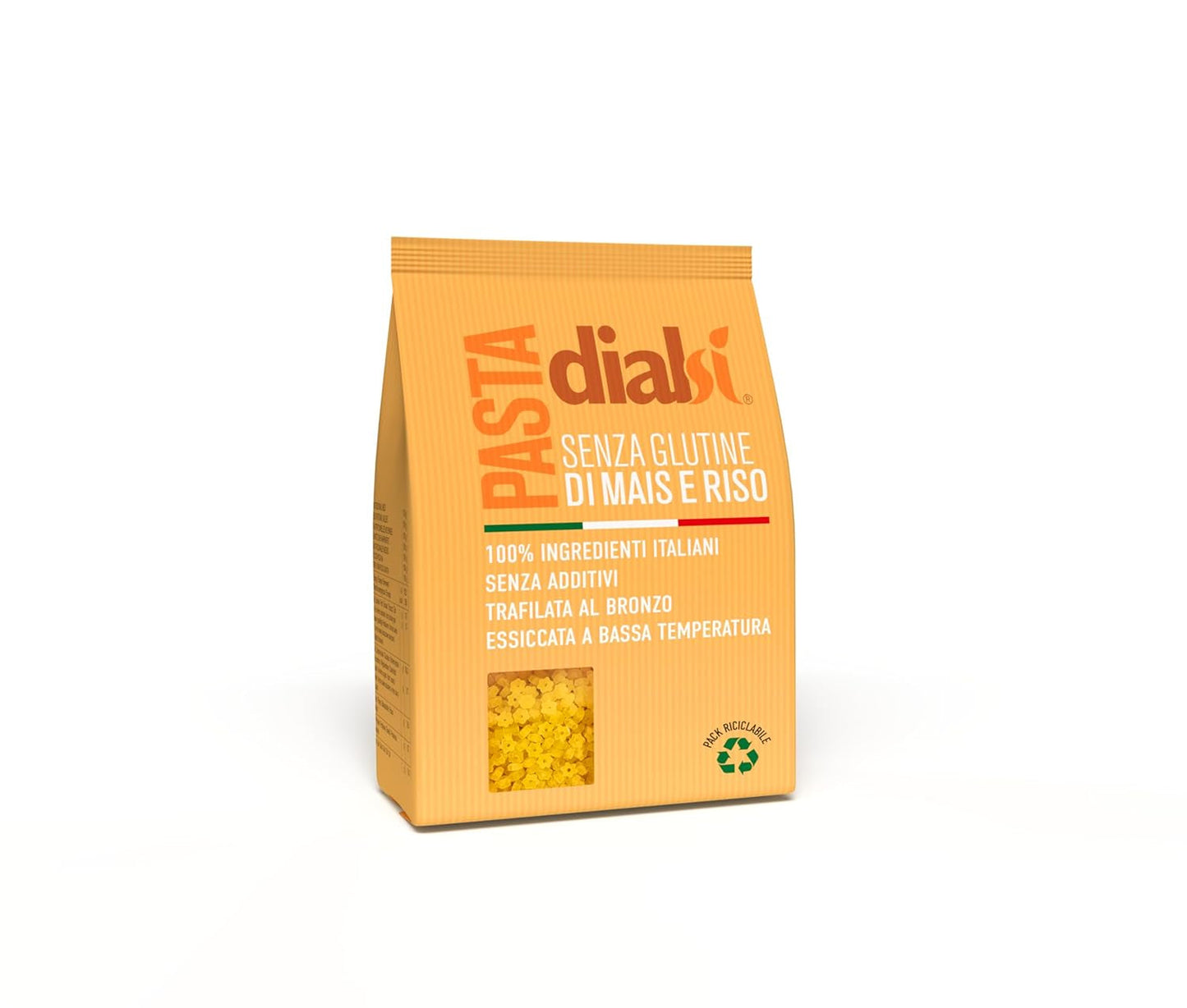 Pasta stella Dialsi, pasta di mais e riso senza glutine, cotta al bronzo, ingredienti 100% italiani, senza additivi, cuoce in 8-9 minuti, confezione da 300g