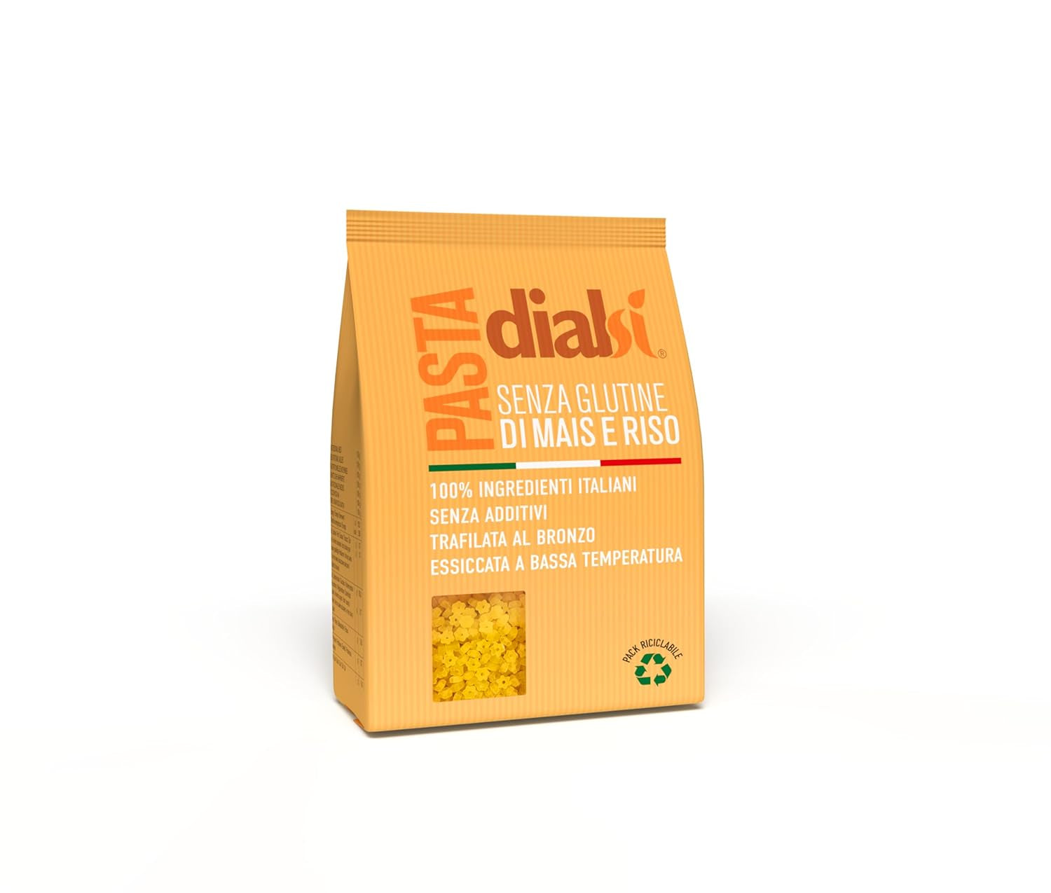 Pasta stella Dialsi, pasta di mais e riso senza glutine, cotta al bronzo, ingredienti 100% italiani, senza additivi, cuoce in 8-9 minuti, confezione da 300g