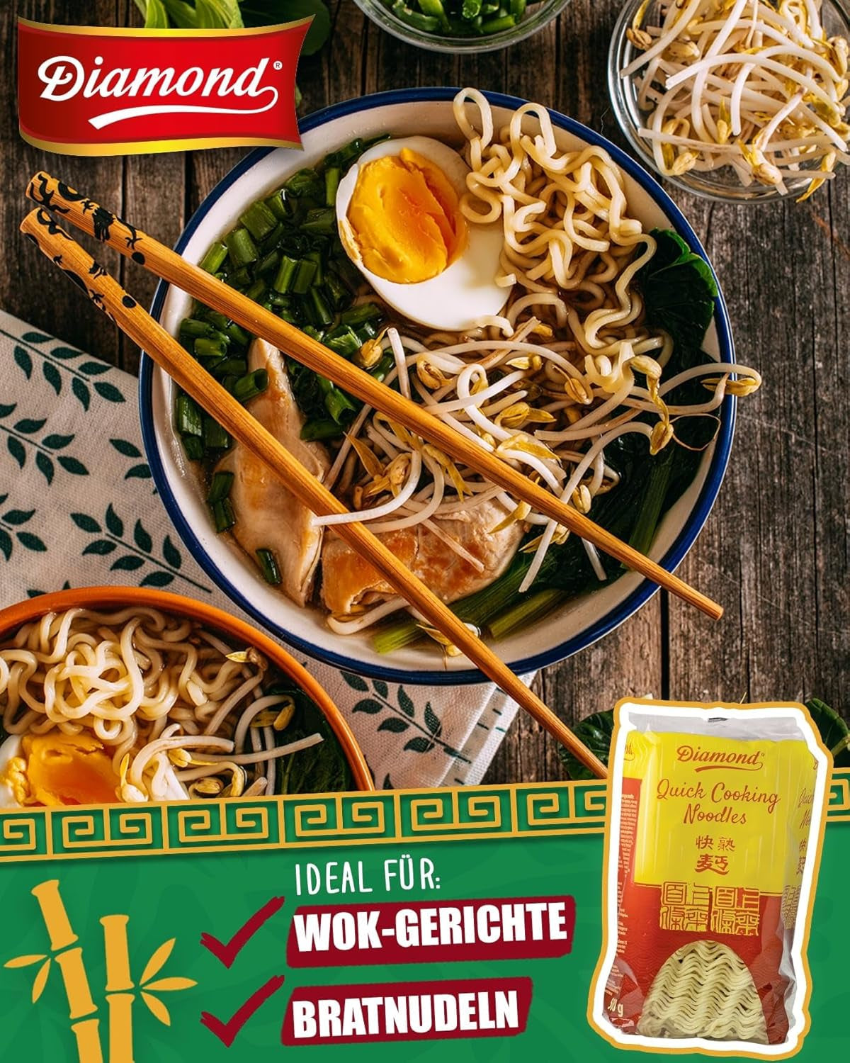 DIAMOND Tagliatelle istantanee senza uova, tagliatelle istantanee con farina di frumento Wok e contorni - 1 x 500 g