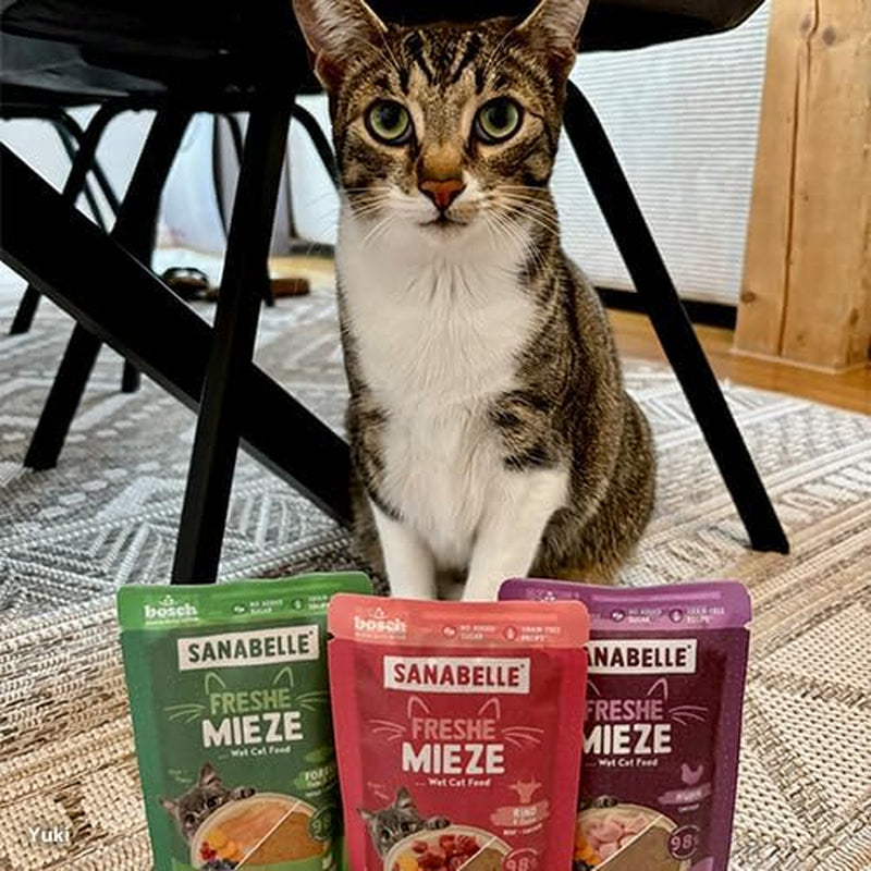 Sanabelle Freshe Mieze - Vassoio Mix | Confezione mista da 10 x 100 g | 4 deliziose varietà di cibo per gatti da provare | Cibo umido per gatti cotto a vapore, proprio come appena cucinato