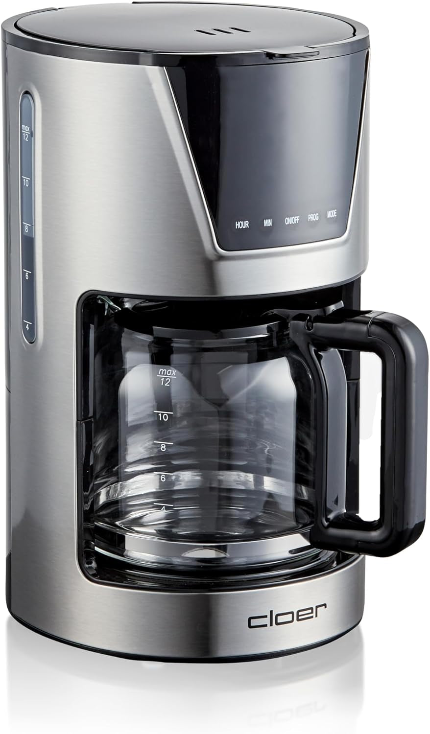 Macchina per caffè espresso con filtro Cloer da 6 tazze, funzione di mantenimento in caldo delicato, caraffa in vetro, misurino, indicatore del livello dell'acqua, sistema antigoccia, spegnimento automatico, dimensione filtro 1x2, 550 W, acciaio inossidabile