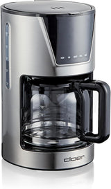Macchina per caffè espresso con filtro Cloer da 6 tazze, funzione di mantenimento in caldo delicato, caraffa in vetro, misurino, indicatore del livello dell'acqua, sistema antigoccia, spegnimento automatico, dimensione filtro 1x2, 550 W, acciaio inossidabile