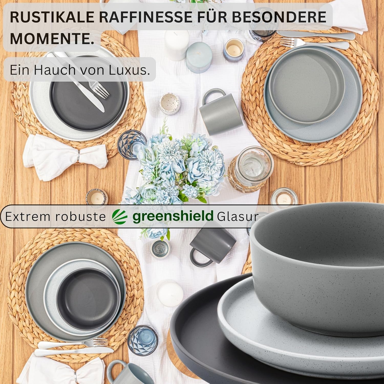 SÄNGER Leeds | Set di stoviglie in gres da 12 pezzi Set di piatti piani per 4 persone (4 piatti piani, 4 piatti dessert, 4 ciotole), stoviglie colorate antigraffio | LA COLLEZIONE DI VALORE