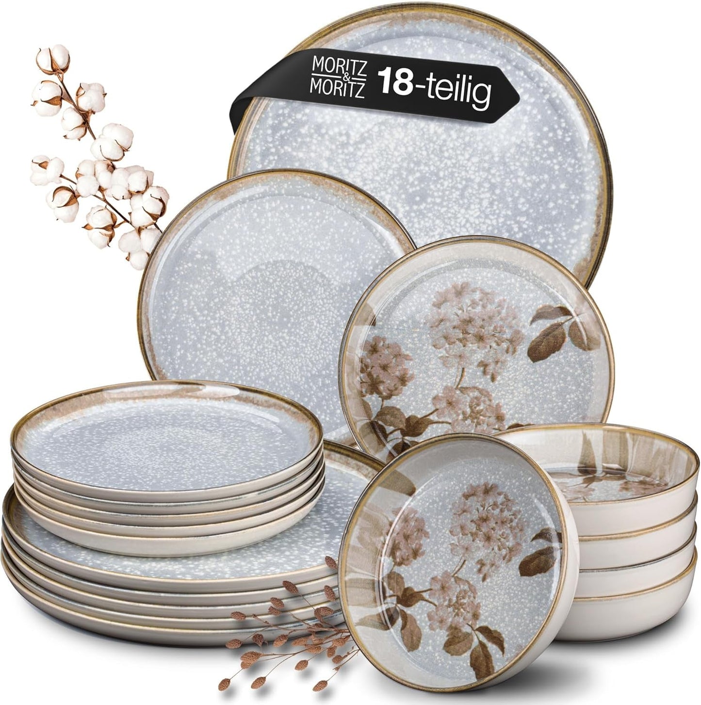 Moritz & Moritz BLOSSOM servizio da tavola in porcellana per 6 persone, 18 pezzi - Stoviglie moderne dal design giocoso - Servizio da caffè di facile manutenzione con piatti e ciotole - Servizio combinato