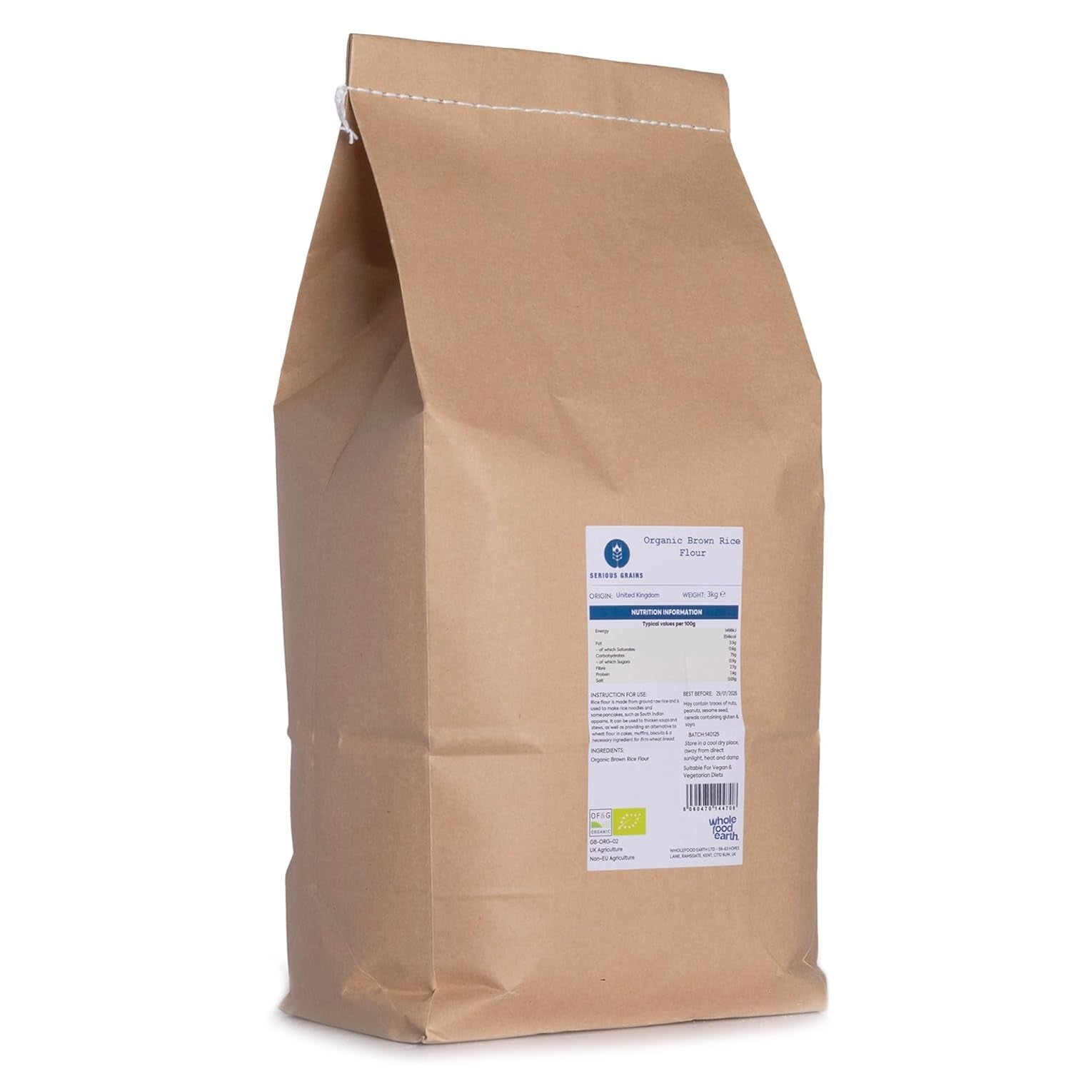 Farina di riso integrale biologica Wholefood Earth – 3 kg | Macinato a pietra | Non OGM | Certificato biologico