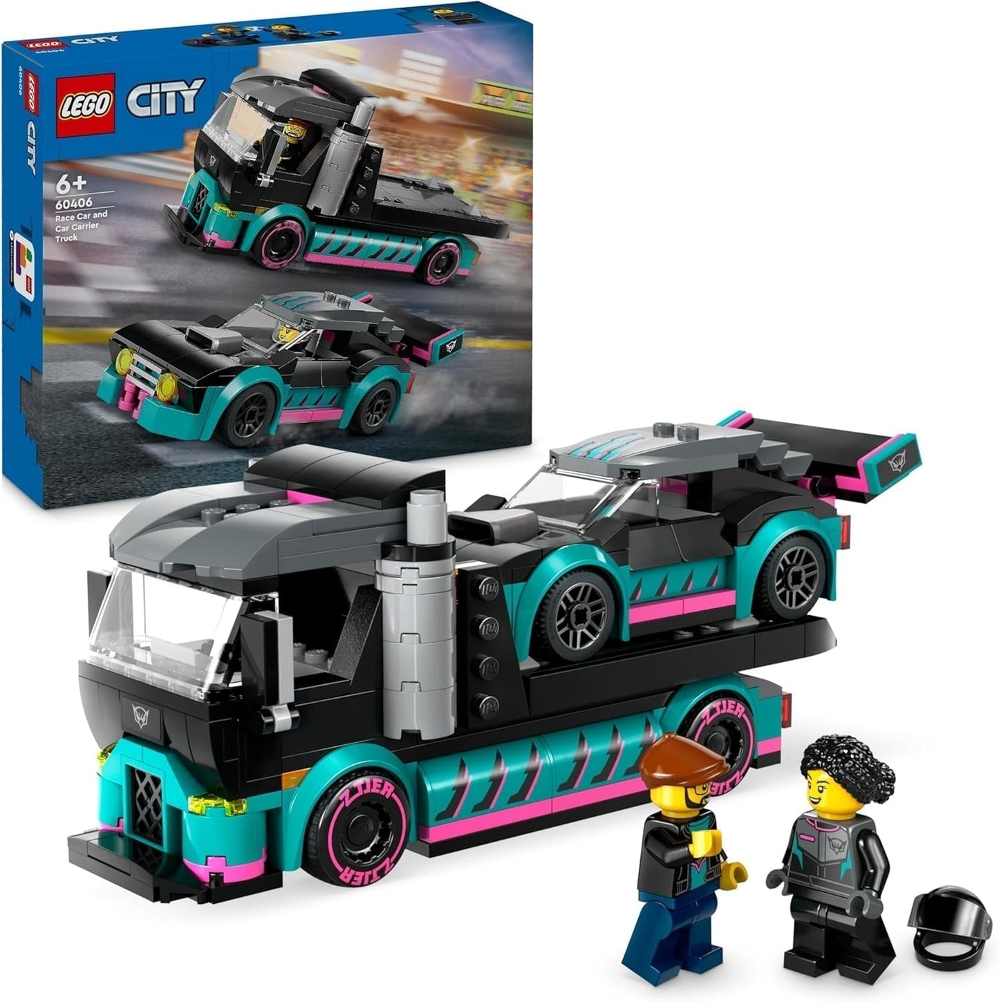 LEGO City Bisarca con auto da corsa, camion giocattolo con rampa di carico regolabile e auto da corsa, set da costruzione con 2 minifigure, pilota da corsa e camionista, per bambini dai 6 anni in su 60406 Set da costruzione Besuche den LEGO-Store Single