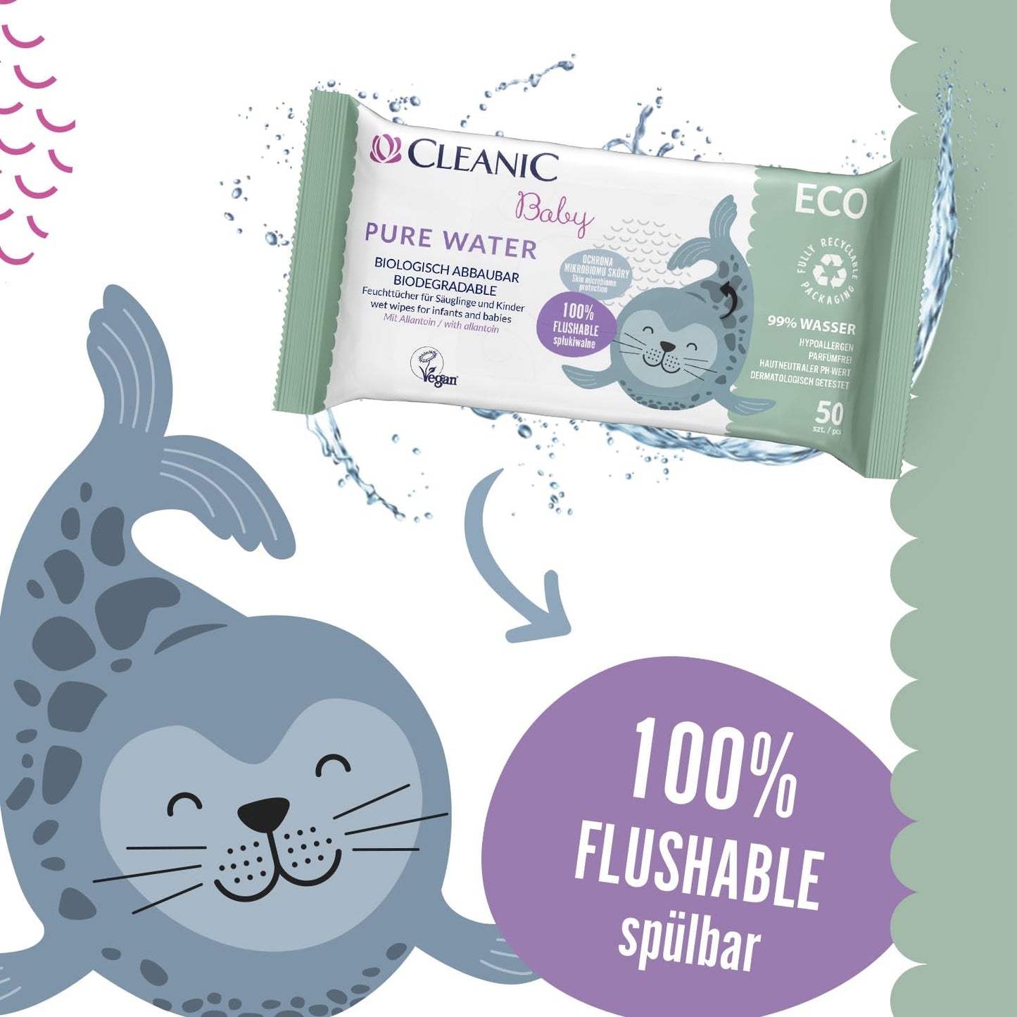 Salviettine umidificate Cleanic Baby Eco Pure Water – (1 x 50 pz.) Salviette umidificate per bambini e neonati – senza profumo, lavabili, pelle sensibile – 50 pz.
