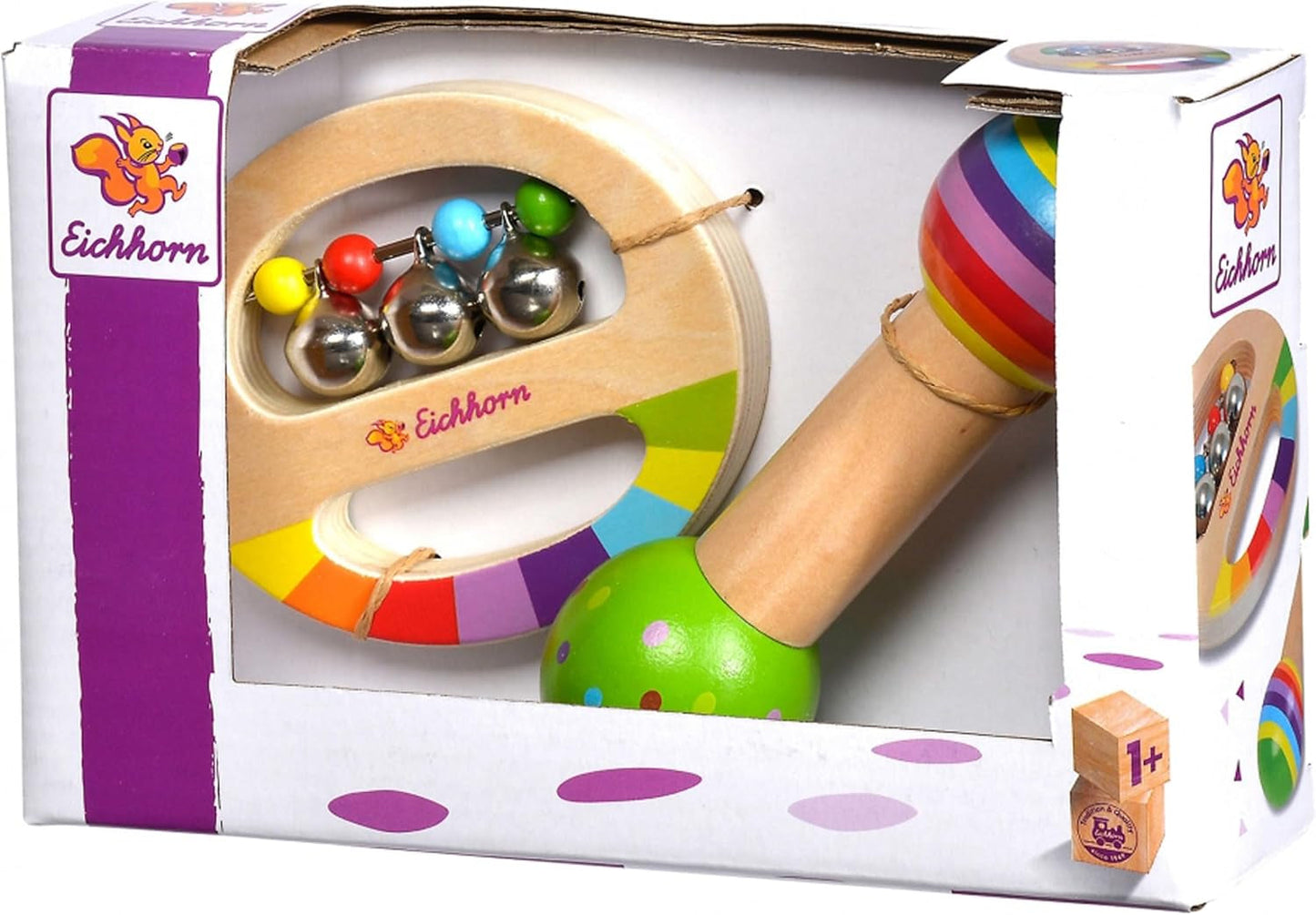 Eichhorn - Set musicale da 2 pezzi, include giocattolo con campanelli e bacchetta sonora, strumenti musicali in legno colorati, da 1 anno Giochi per bambini Naty Shop
