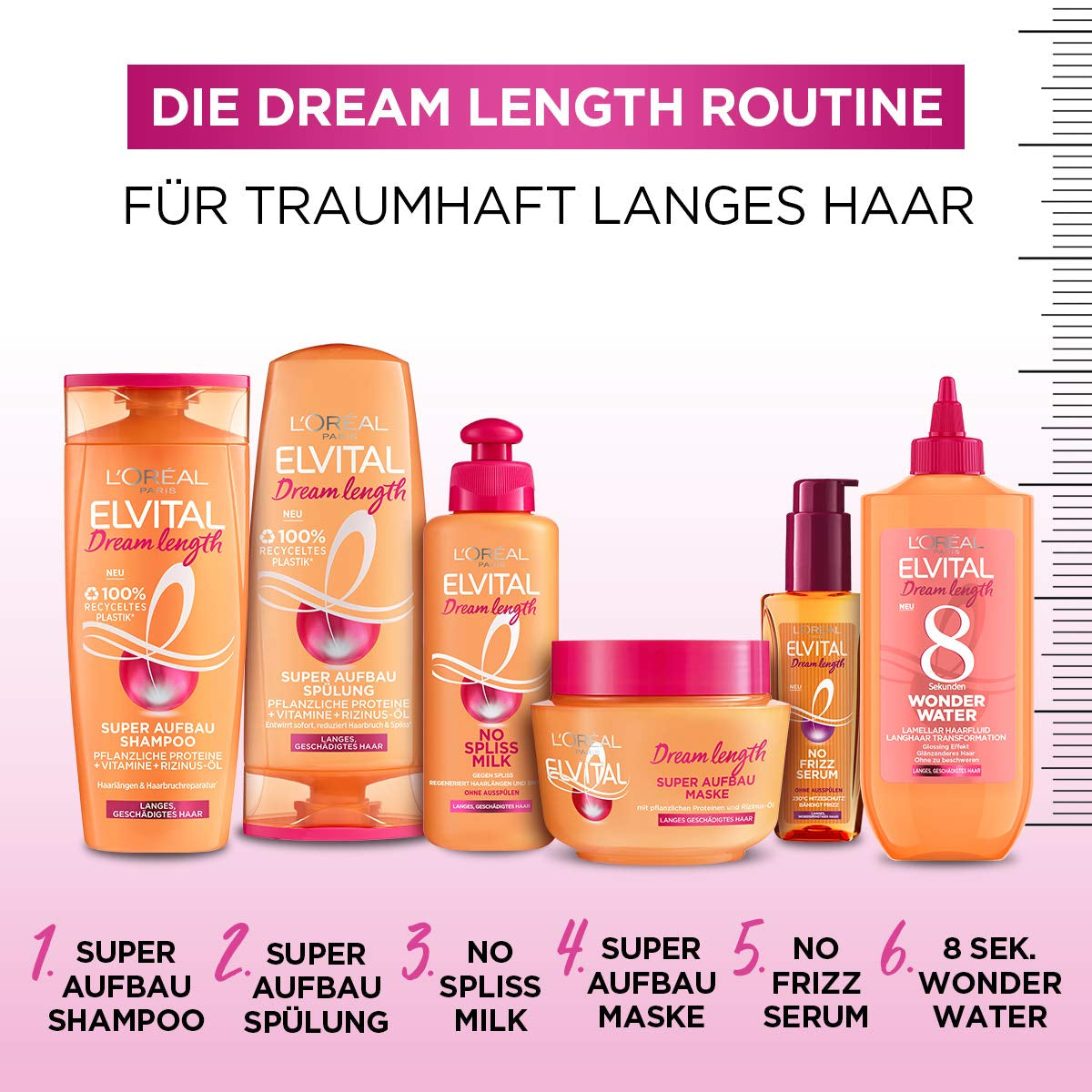 L'Oréal Paris Elvital Maschera per capelli anti-doppie punte per capelli lunghi e danneggiati, Trattamento intensivo con risciacquo, Con vitamine vegetali e olio di ricino, Maschera super rinforzante Dream Length, 1 maschera per capelli Naty Shop da 300 ml