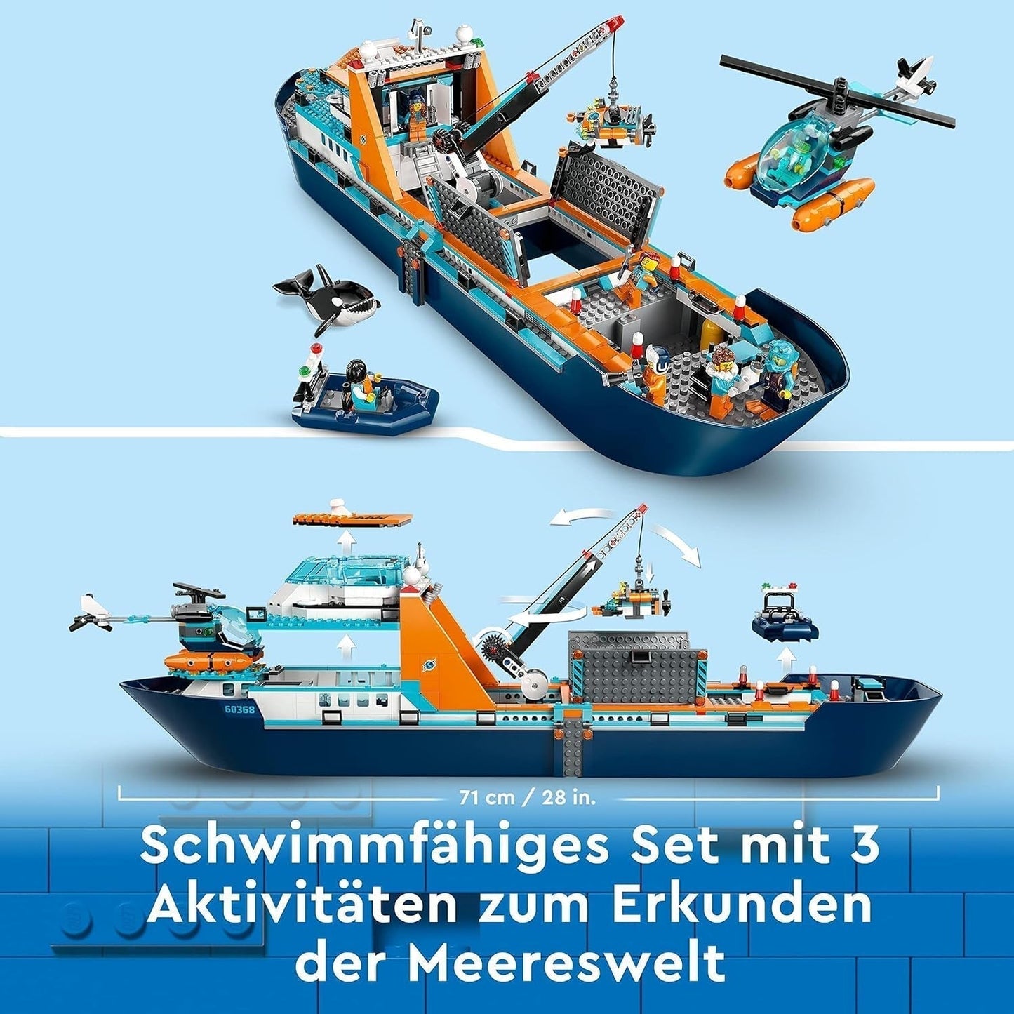 LEGO City Nave da ricerca artica, grande barca giocattolo galleggiante con elicottero, gommone, sottomarino Rov, relitto vichingo, 7 minifigure e figura dell'orca, regalo per bambini dai 7 anni in su 60368 Set da costruzione Besuche den LEGO-Store
