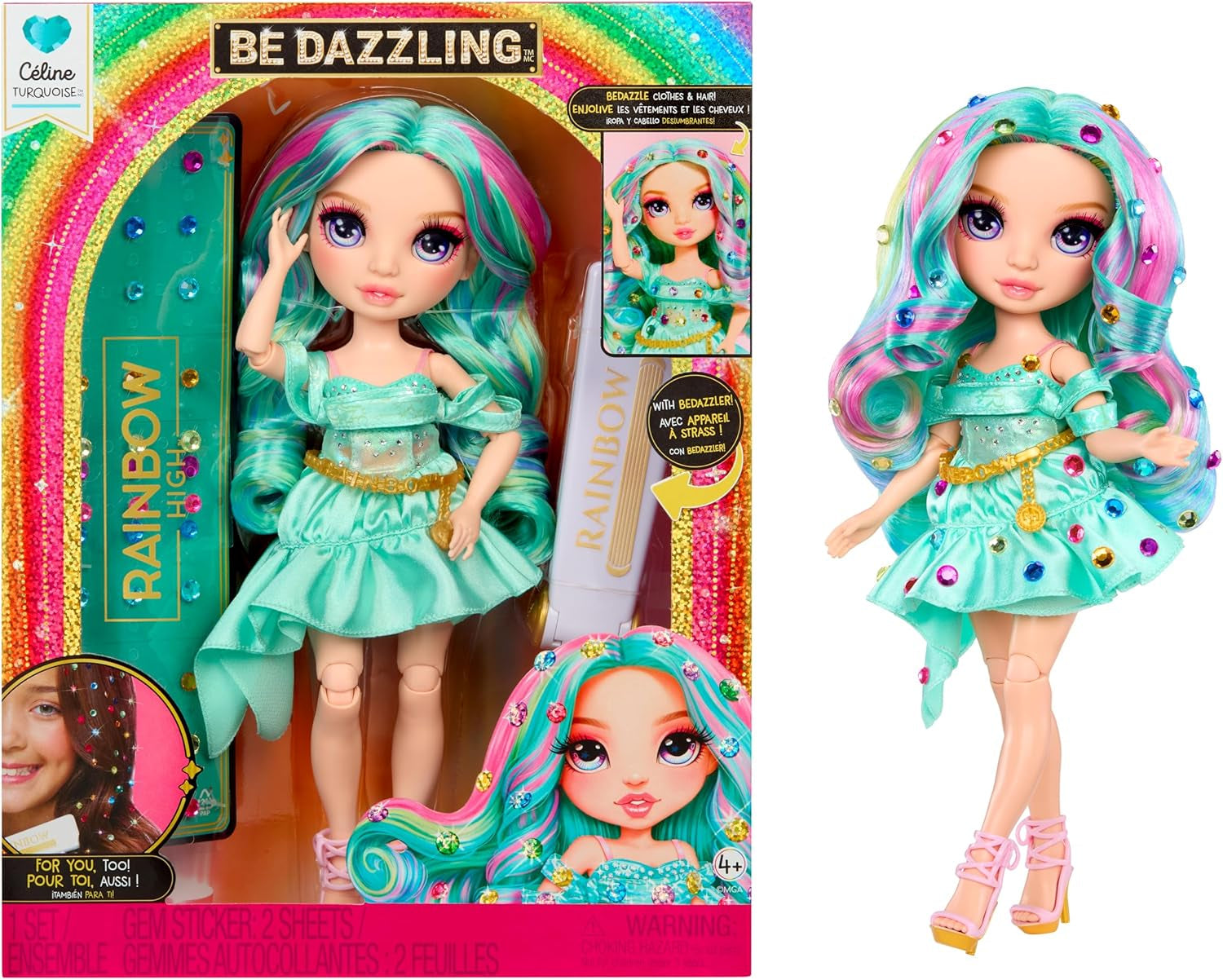 Rainbow High Be Dazzling Fashion Doll - Celine Turquoise - Blu-Verde, 28 cm, con strumento per decorare, gemme scintillanti e accessori per lo styling