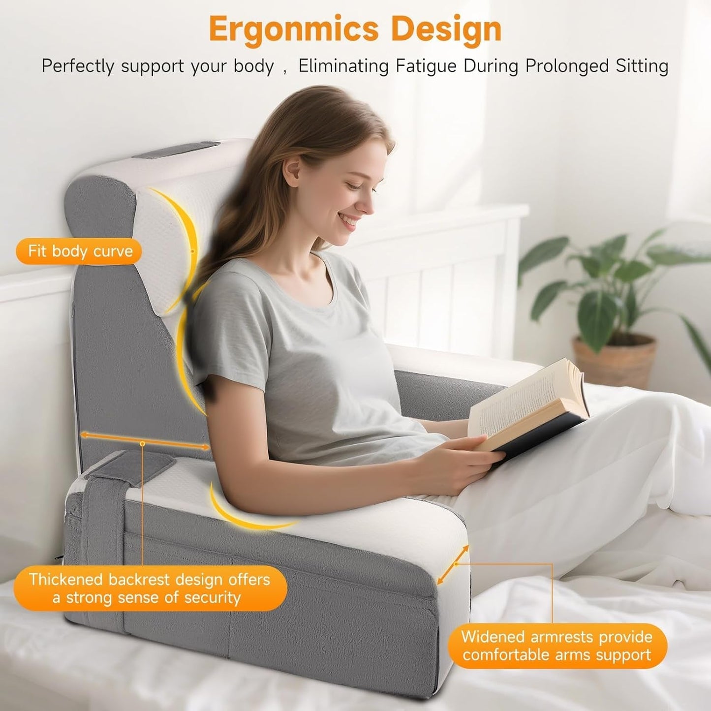 Ampio cuscino da lettura con supporto per collo e braccioli removibili, cuscino schienale per letto, cuscino schienale ergonomico con bracciolo, tasca e fodera lavabile per leggere e guardare la TV.