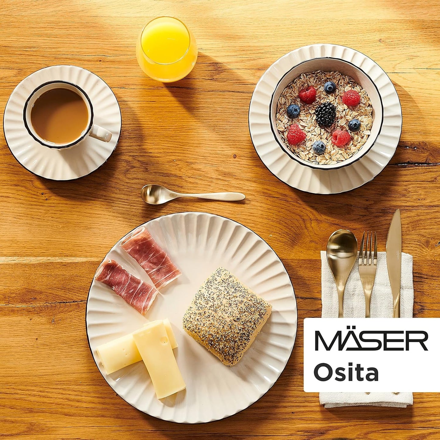 MÄSER 931967 Osita Retro Series 6 persone Wave Servizio da tavola, Set di stoviglie rotonde da 18 pezzi, Piatti piani, Piatti da dessert e Ciotole per cereali, Ceramica, Bianco crema