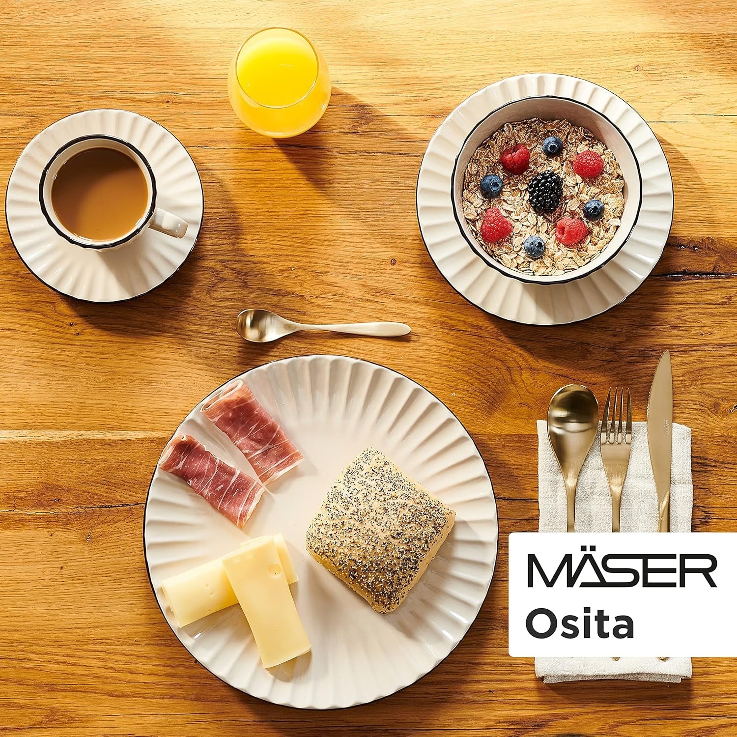 MÄSER 931967 Osita Retro Series 6 persone Wave Servizio da tavola, Set di stoviglie rotonde da 18 pezzi, Piatti piani, Piatti da dessert e Ciotole per cereali, Ceramica, Bianco crema