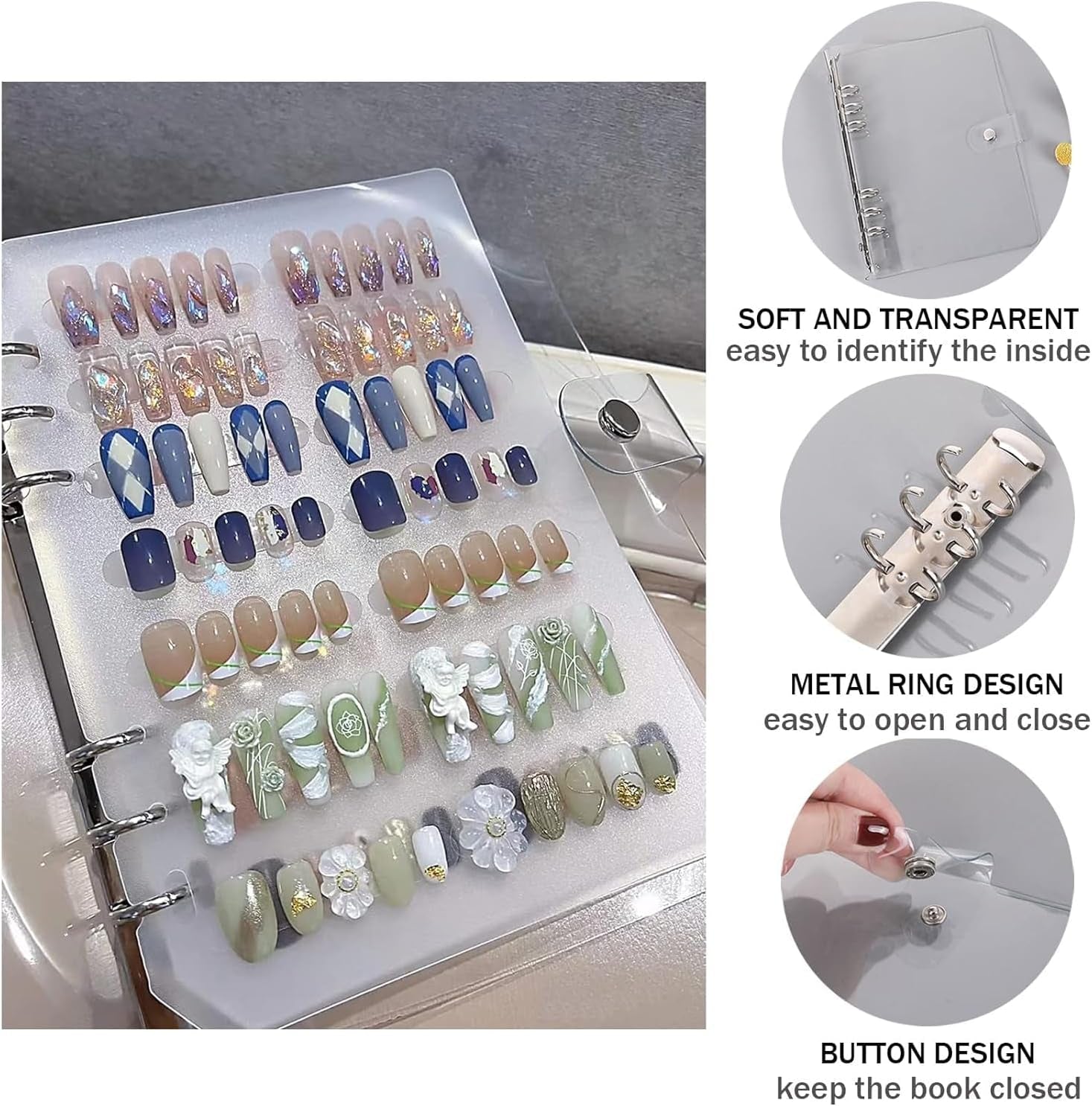 Set organizer per unghie A5 con chiusura con punti metallici e fogli rimovibili - Robusta scatola trasparente + 6 cuscinetti adesivi e libro per riporre unghie artificiali/adesive staccabile - Ideale per riporre e presentare
