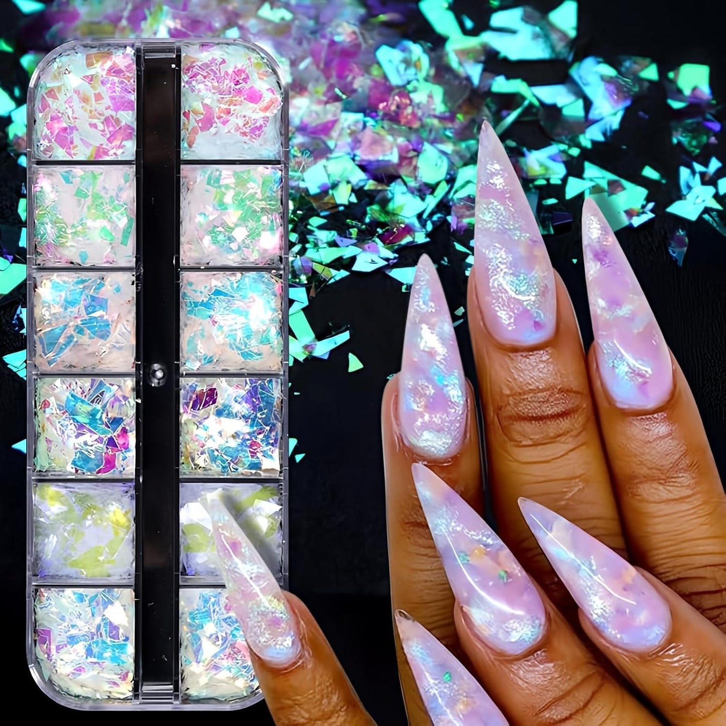 JMEOWIO Glitter per unghie 12 griglie Sirena Decorazione per unghie Accessori per unghie Design per unghie