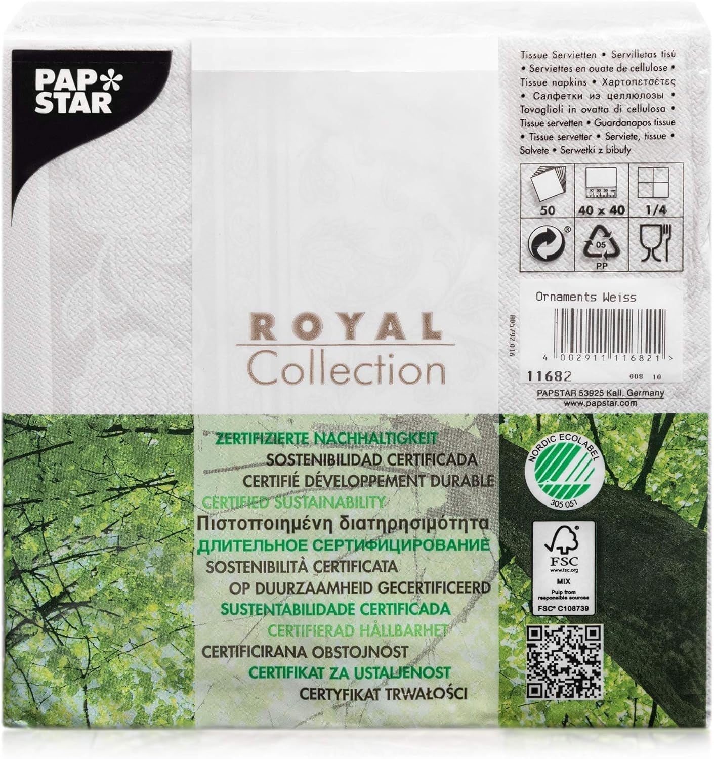 Papstar 11682 50 tovaglioli "Royal Collection" piega 1/4 40 X 40 cm "Ornamenti", bianco