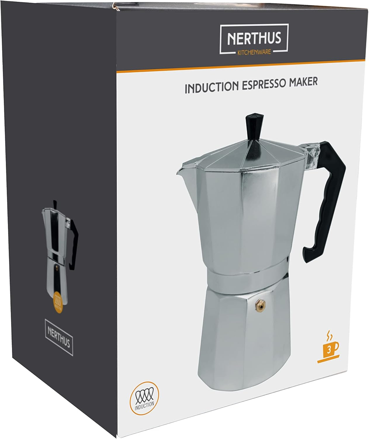 NERTHUS FIH 833 Macchina per caffè espresso a induzione per 3 tazze, Classica macchina per caffè espresso italiano