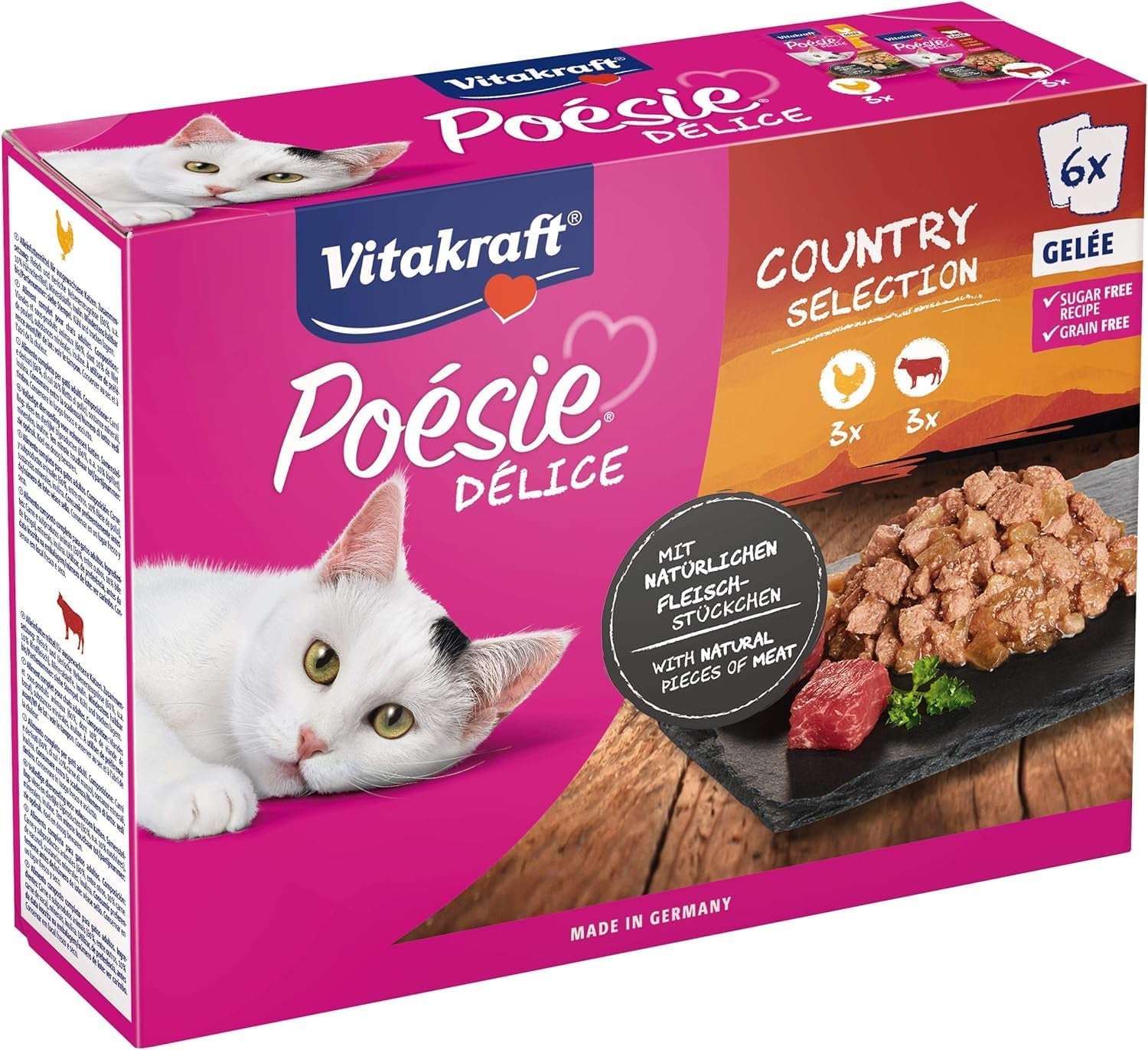 Vitakraft Poésie Délice, Country Selection, Nassfutter Katze, Katzennassfutter Gelee, con pollo, con manzo (1 confezione da 6x 85 g)