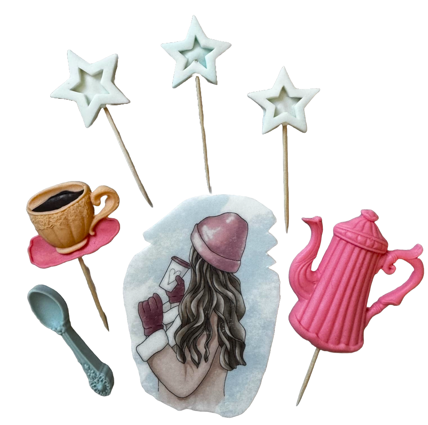 Set di 7 decorazioni commestibili in pasta di zucchero, Bella Signora, cappello rosa Decorazioni in pasta di zucchero Naty Shop