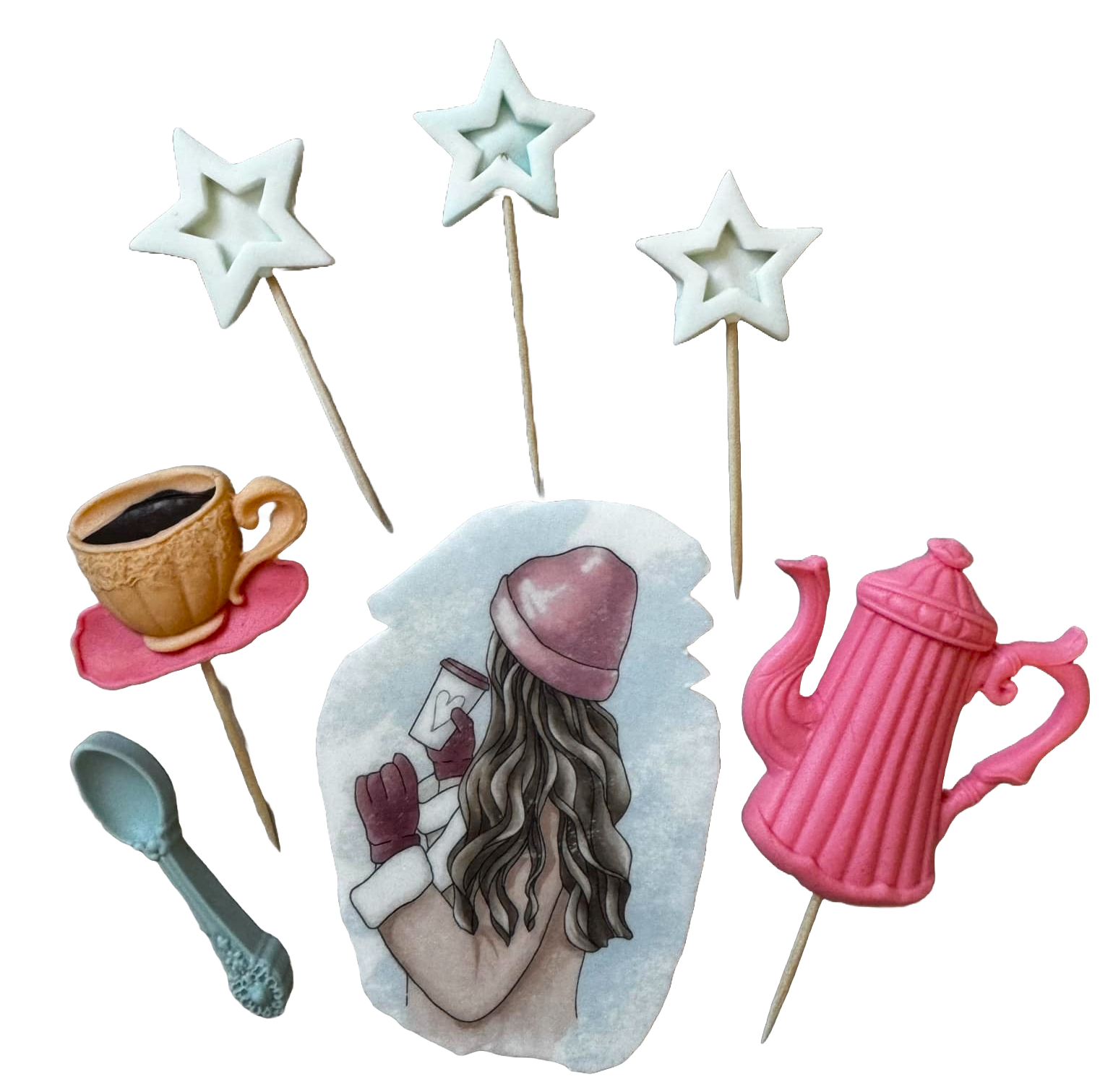 Set di 7 decorazioni commestibili in pasta di zucchero, Bella Signora, cappello rosa Decorazioni in pasta di zucchero Naty Shop