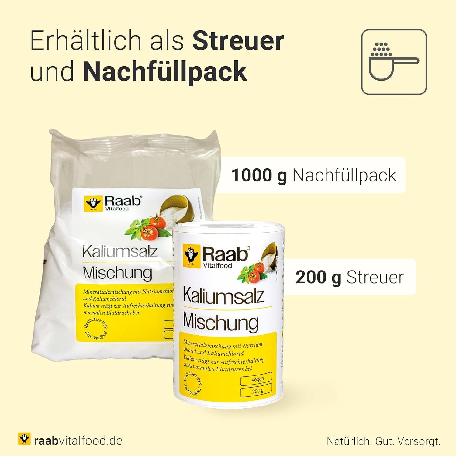 Raab Vitalfood Kalium salt-Mischung, Mineralsalzmischung mit 66.7% Natrium Chlorid (Kochsalz) und 33% Kalium Chlorid, Kalium trägt zur Aufrechterhaltung eines normalen Blutdruck bei (1 x 200 g Dose)