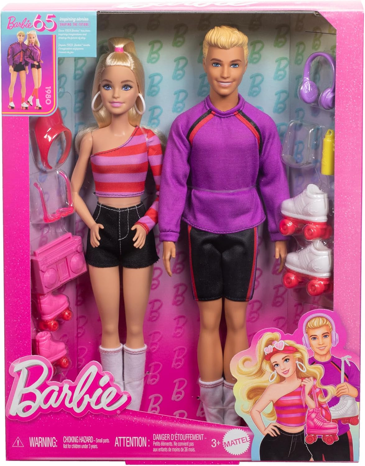 Barbie Fashionistas Set con 2 bambole alla moda e 6 accessori, bambole alla moda sui pattini a rotelle Barbie e Ken, personaggi da collezione del 65° anniversario, HXK90