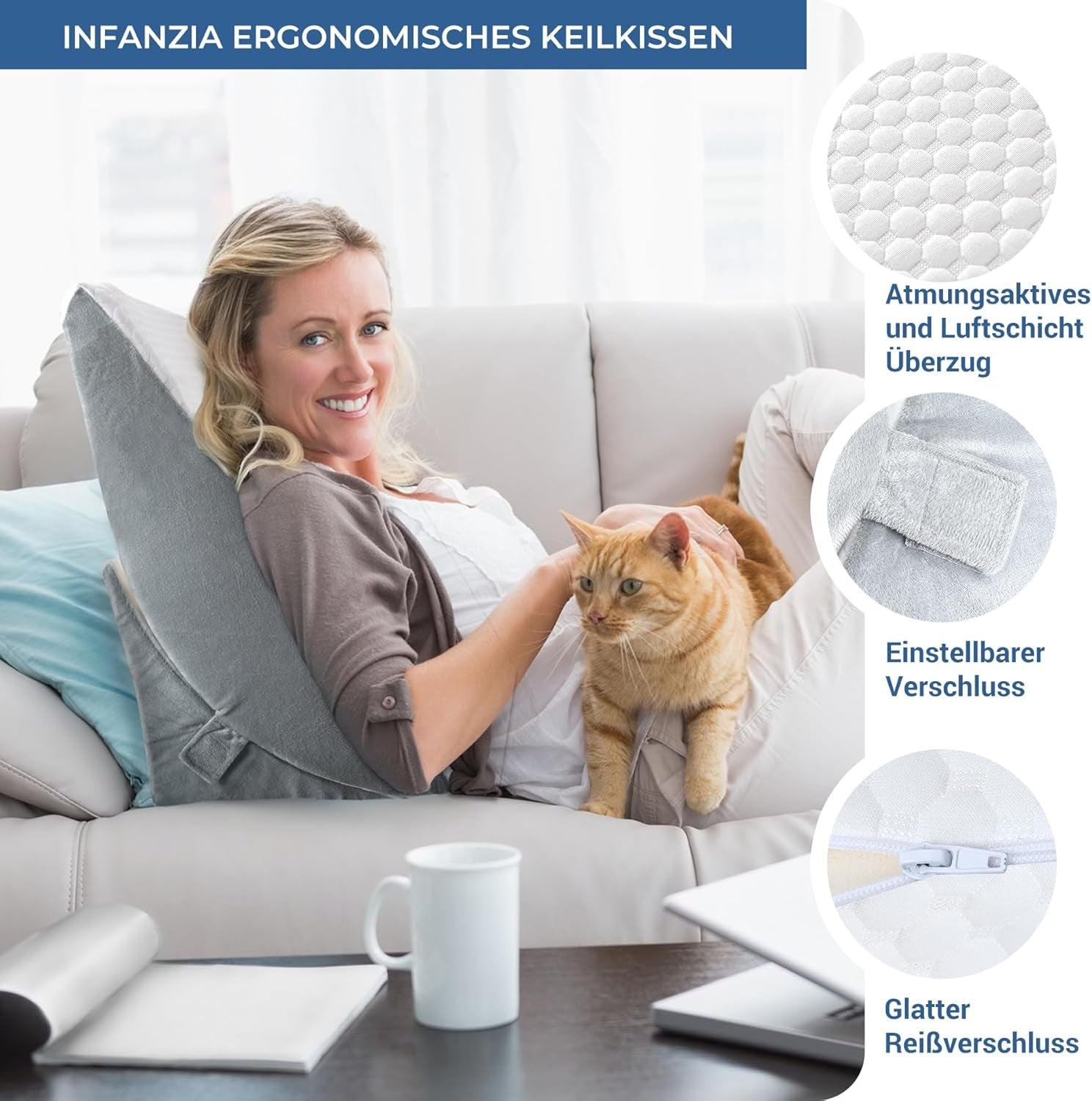 Cuscino a cuneo regolabile, cuscino da lettura in schiuma ad alta densità con rotolo per il collo per letto e divano, cuneo da letto ergonomico per apnea da reflusso notturno, cuscino per le gambe, cuscino per la schiena per leggere, giocare o guardare la TV
