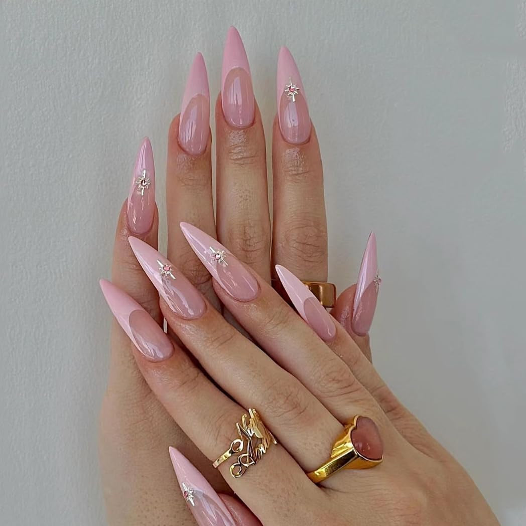 Moonglow Unghie Lunghe Stiletto Bianco Latte Rosa Sfumato Glitter Unghie Finte Fresche Con Colla Unghie Artificiali Glitter Rosa Ombre
