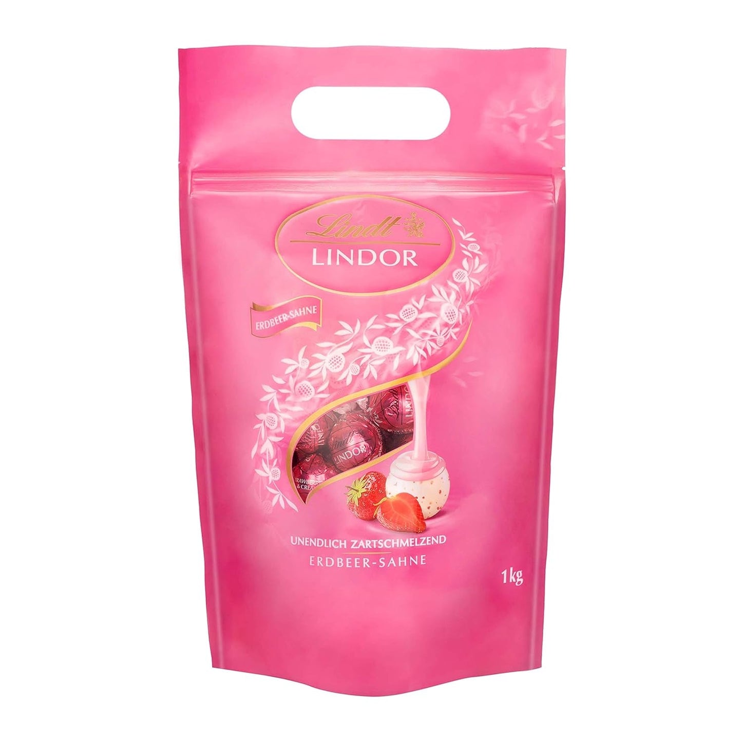 Palline di cioccolato extra fondente Lindt LINDOR e palline di cioccolato con crema alla fragola LINDOR | Busta richiudibile da 1 kg | ca. 80 palline di cioccolato bianco con crema alla fragola